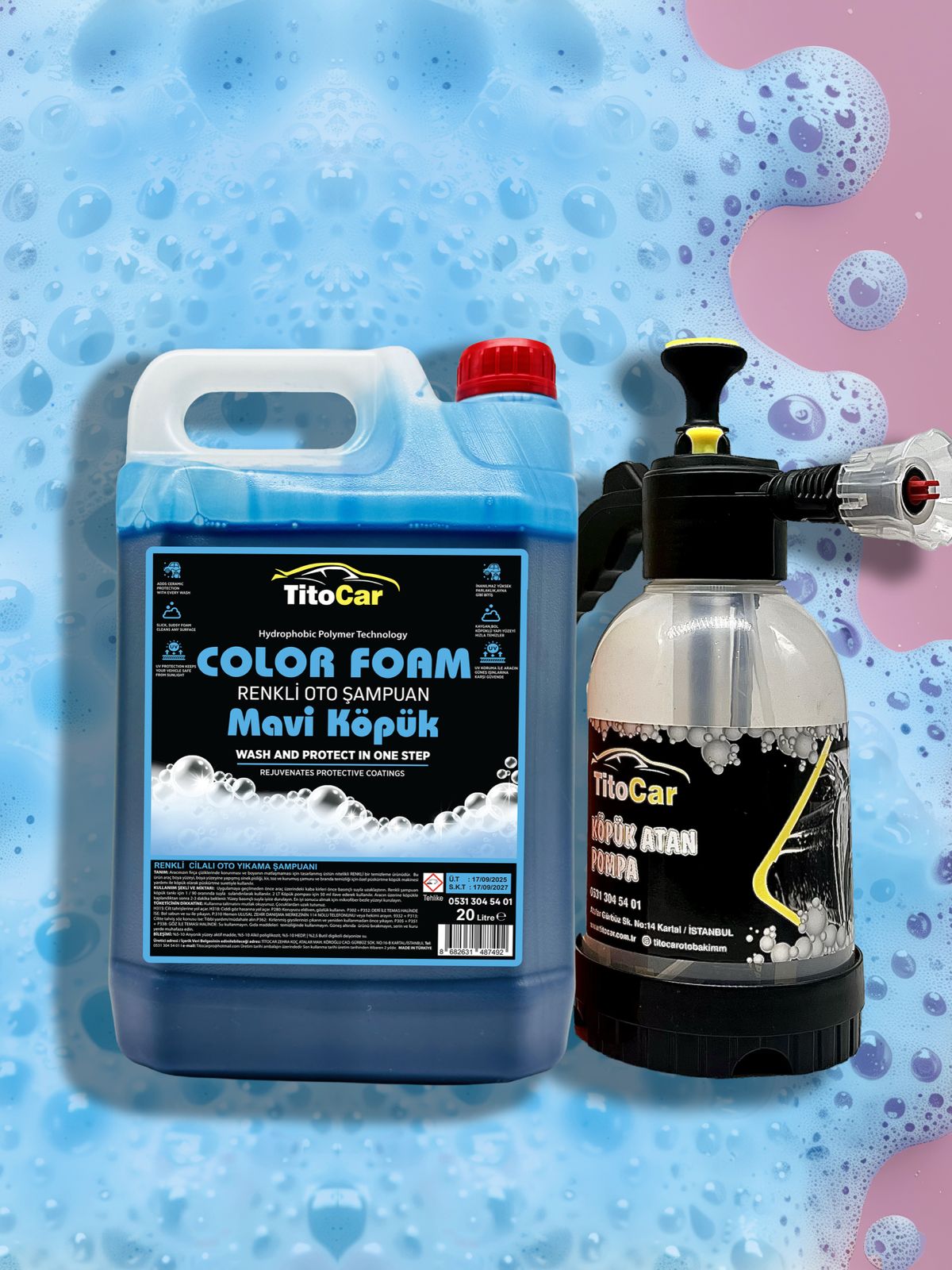  TitoCar Color Foam Mavi Köpük Renkli Şampuan 5 lt & TitoCar Köpük Atan Pompa & Şampuan seti
