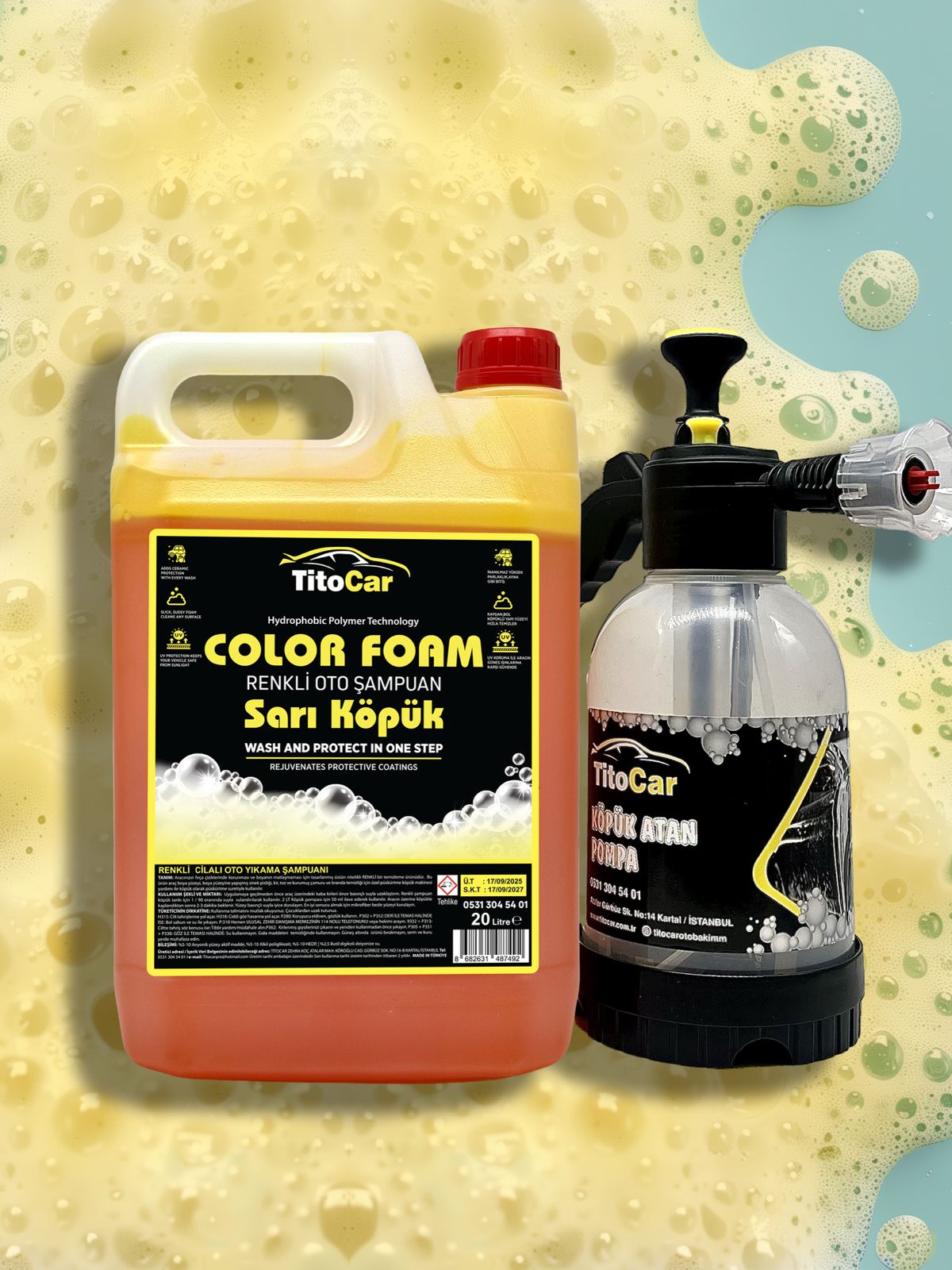 TitoCar Color Foam Sarı Köpük Renkli Şampuan 5 lt & TitoCar Köpük Atan Pompa & Şampuan seti