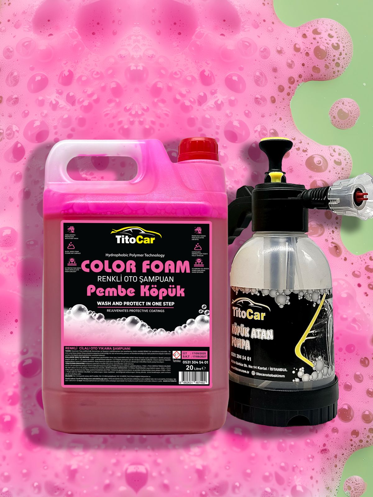 TitoCar Color Foam Pembe Köpük Renkli Şampuan 5 lt & TitoCar Köpük Atan Pompa & Şampuan seti