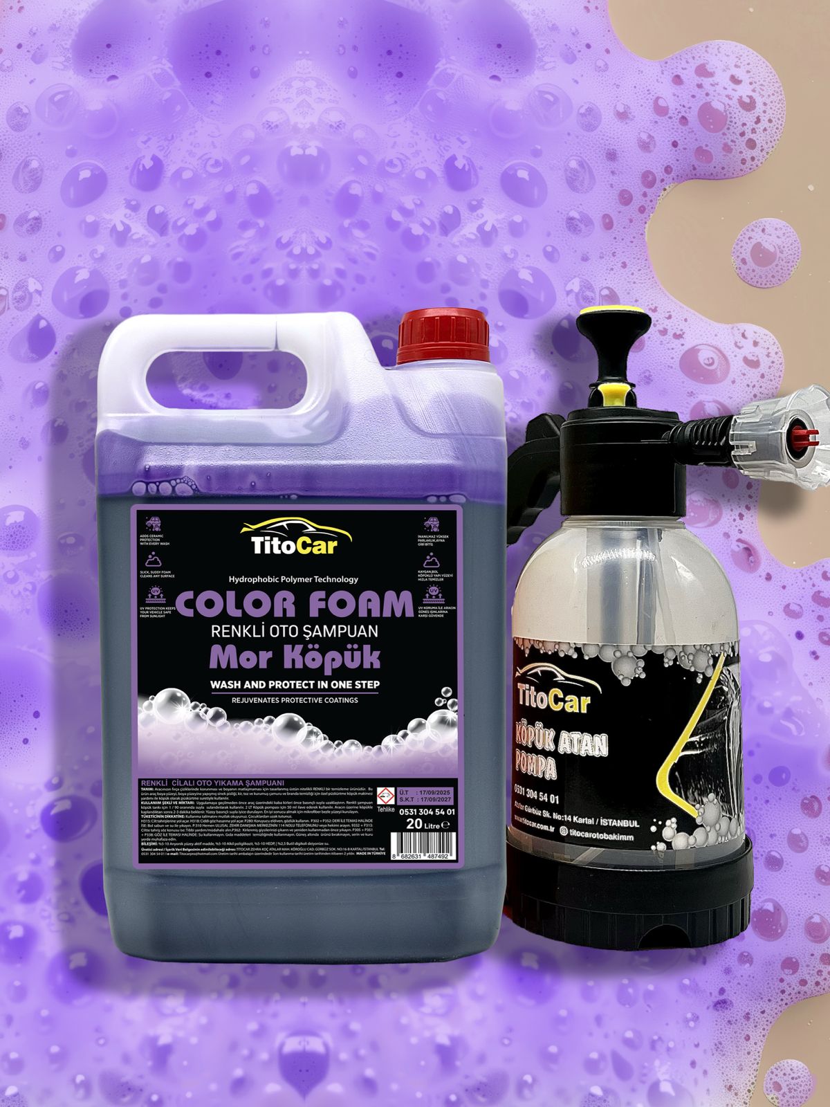 TitoCar Color Foam Mor Köpük Renkli Şampuan 5 lt & TitoCar Köpük Atan Pompa & Şampuan seti