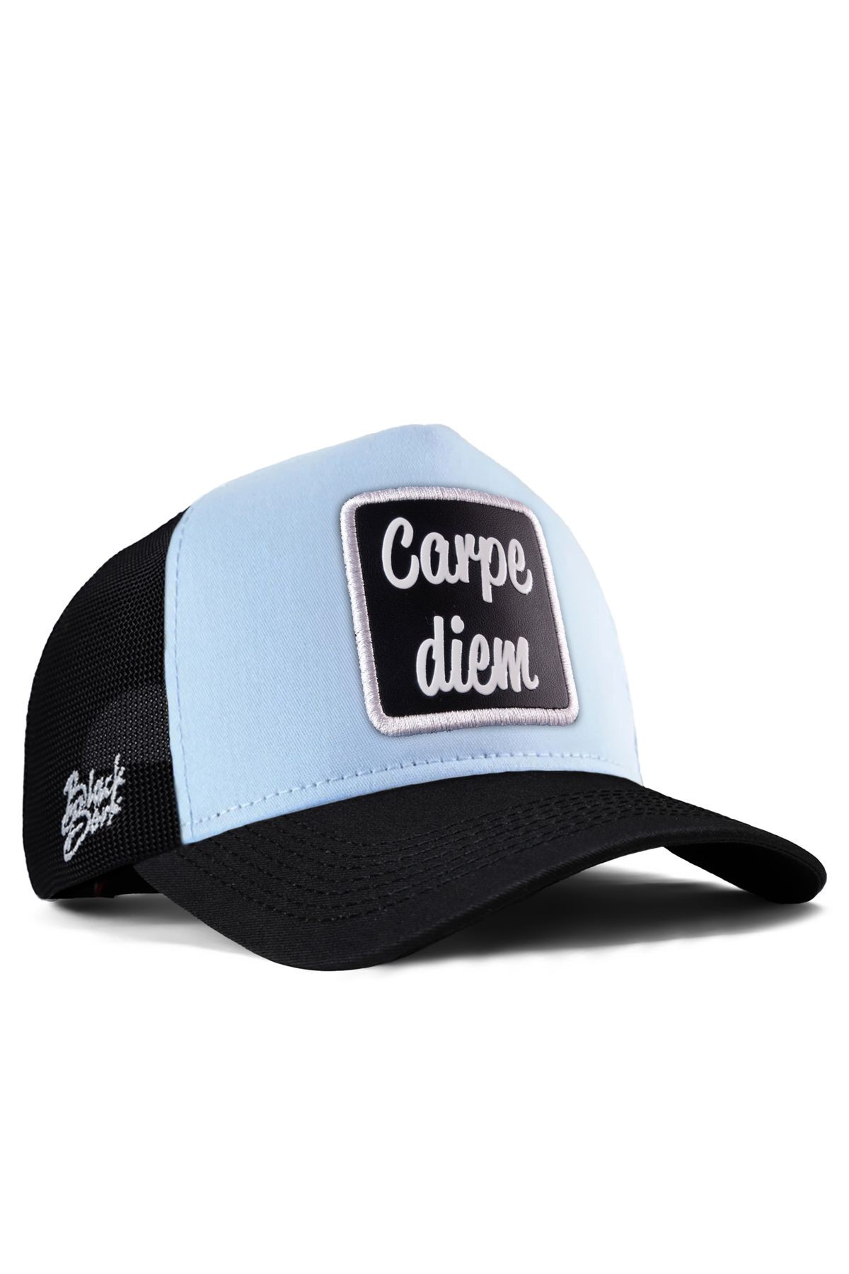 Carpe Diem Logolu Siyah-Buz Mavi Trucker Şapka