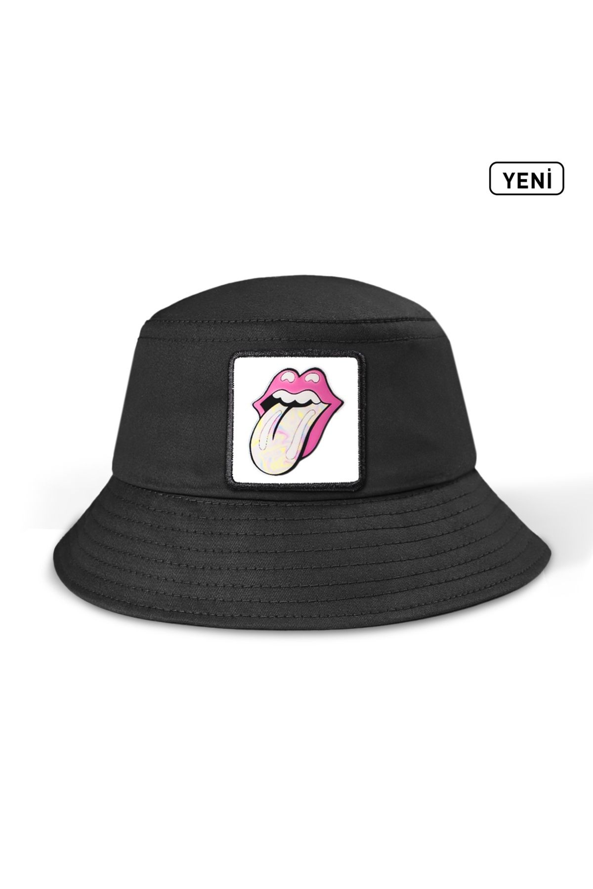 Dudak Logolu Siyah Bucket Şapka