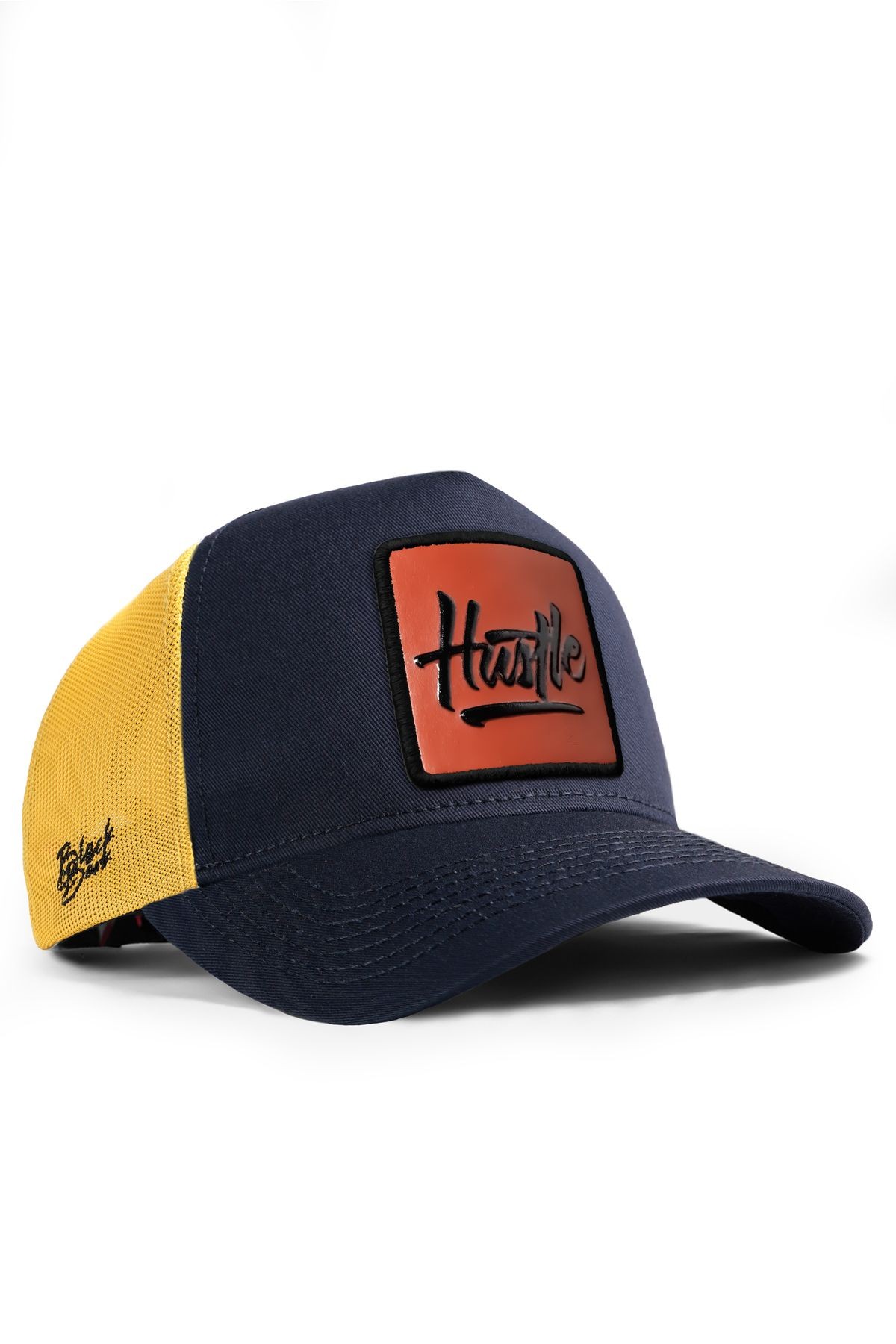 Hustle Logolu Koyu Lacivert-Sarı Trucker Şapka