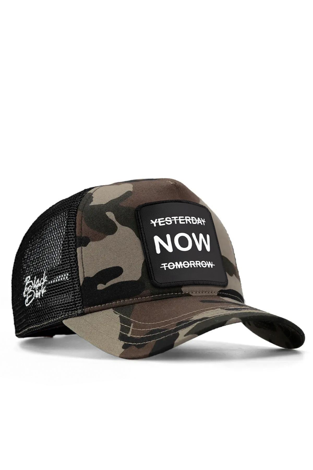 Yesterday Now Tomorrow Logolu Kamuflaj-Siyah Trucker Şapka