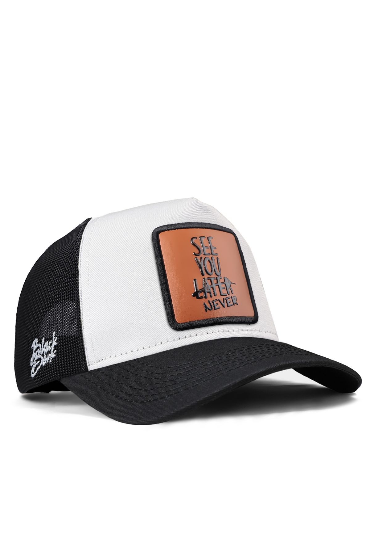 See You Later Never Logolu Siyah-Beyaz Trucker Şapka