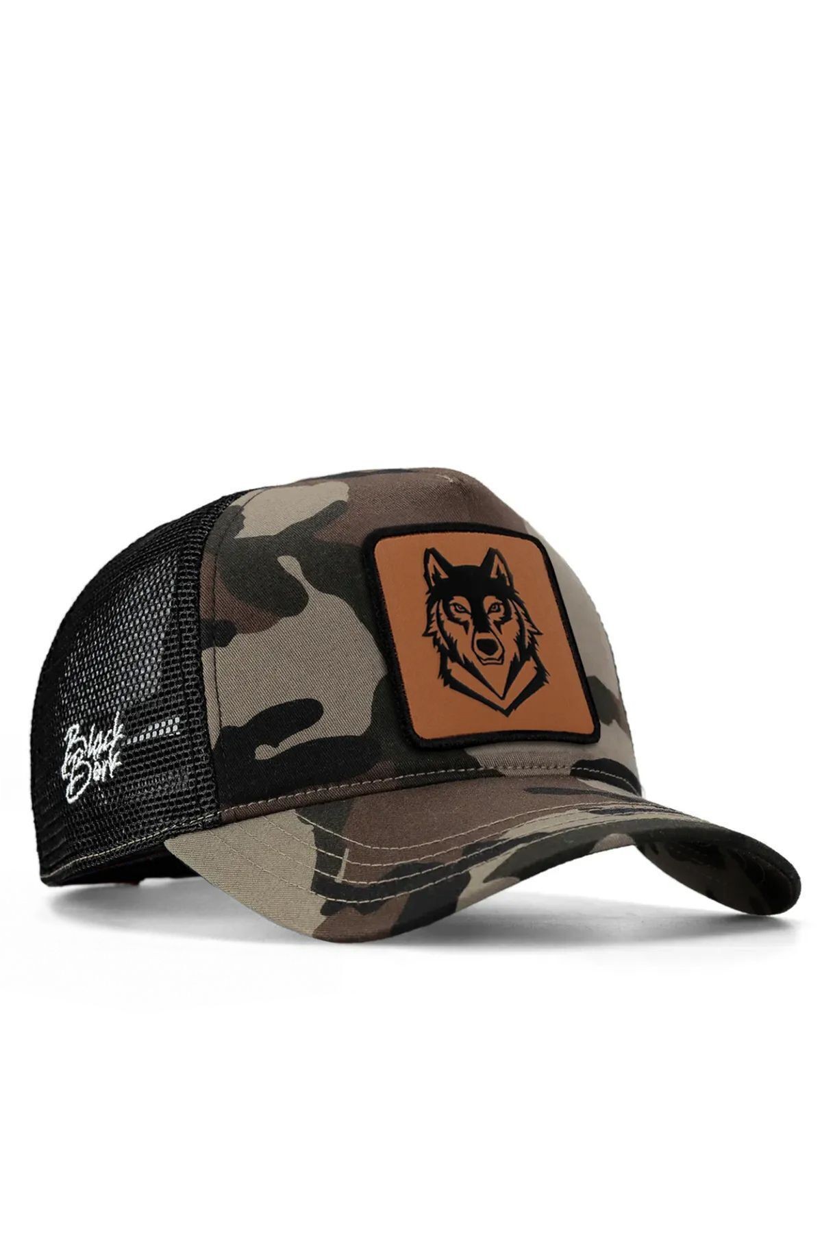 Kurt Logolu Kamuflaj-Siyah Trucker Şapka