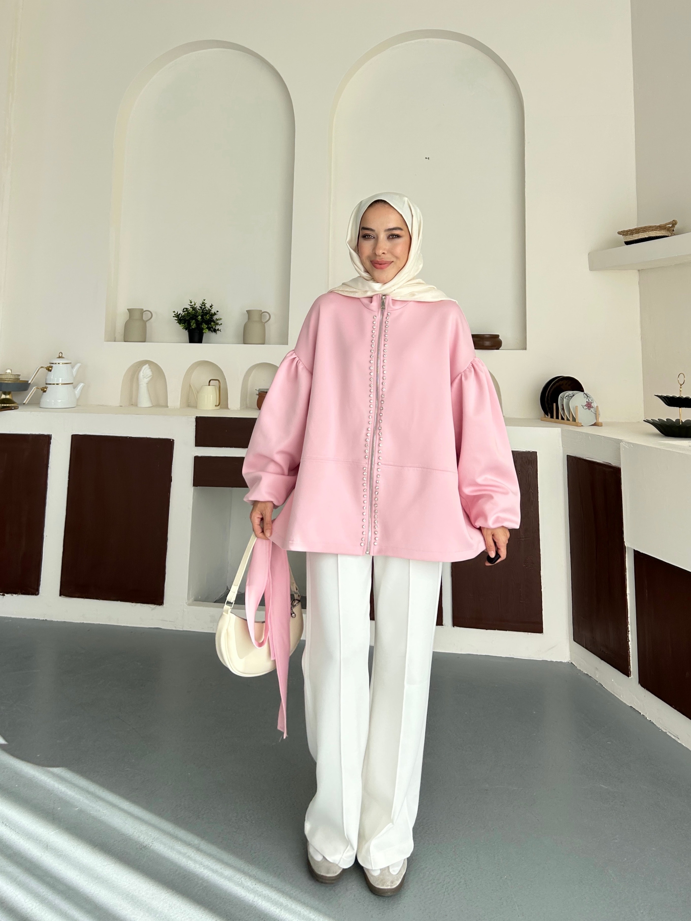 Taşlı Scuba Ceket - Pembe