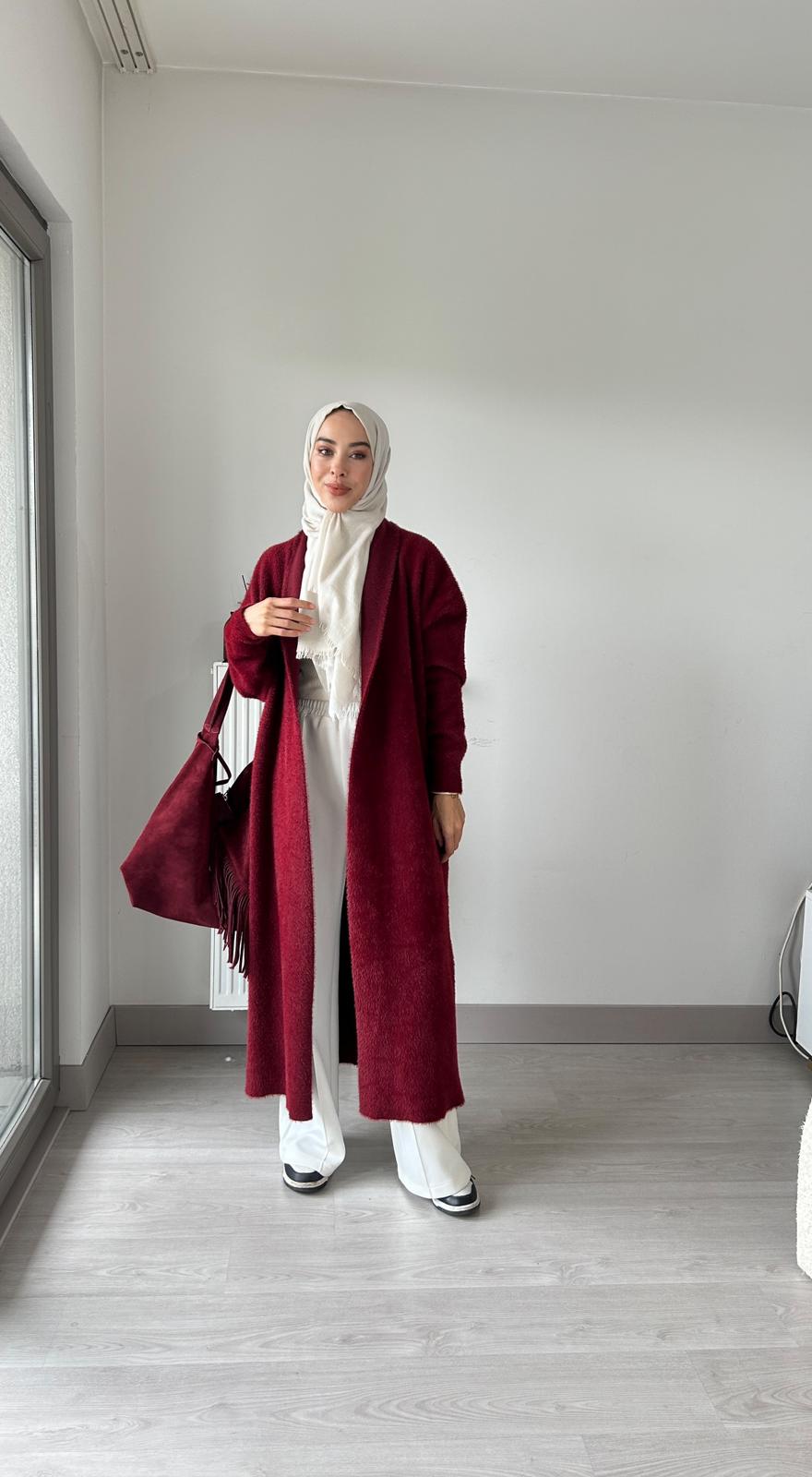 Angora kemerli hırka - Bordo