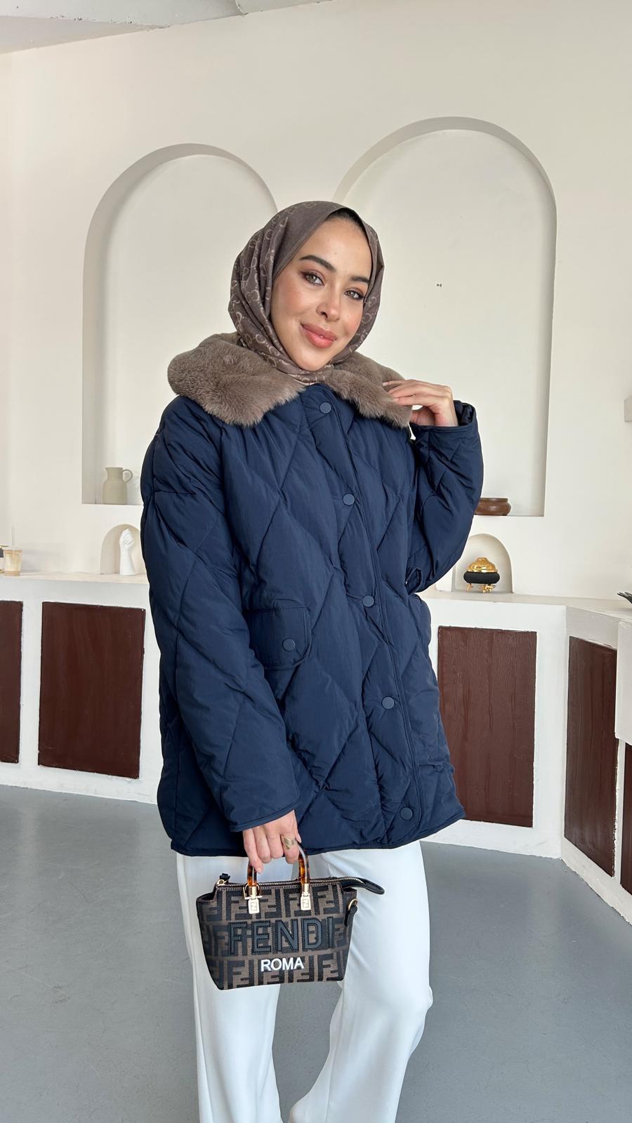 Kürk detaylı şişme kaban - Lacivert