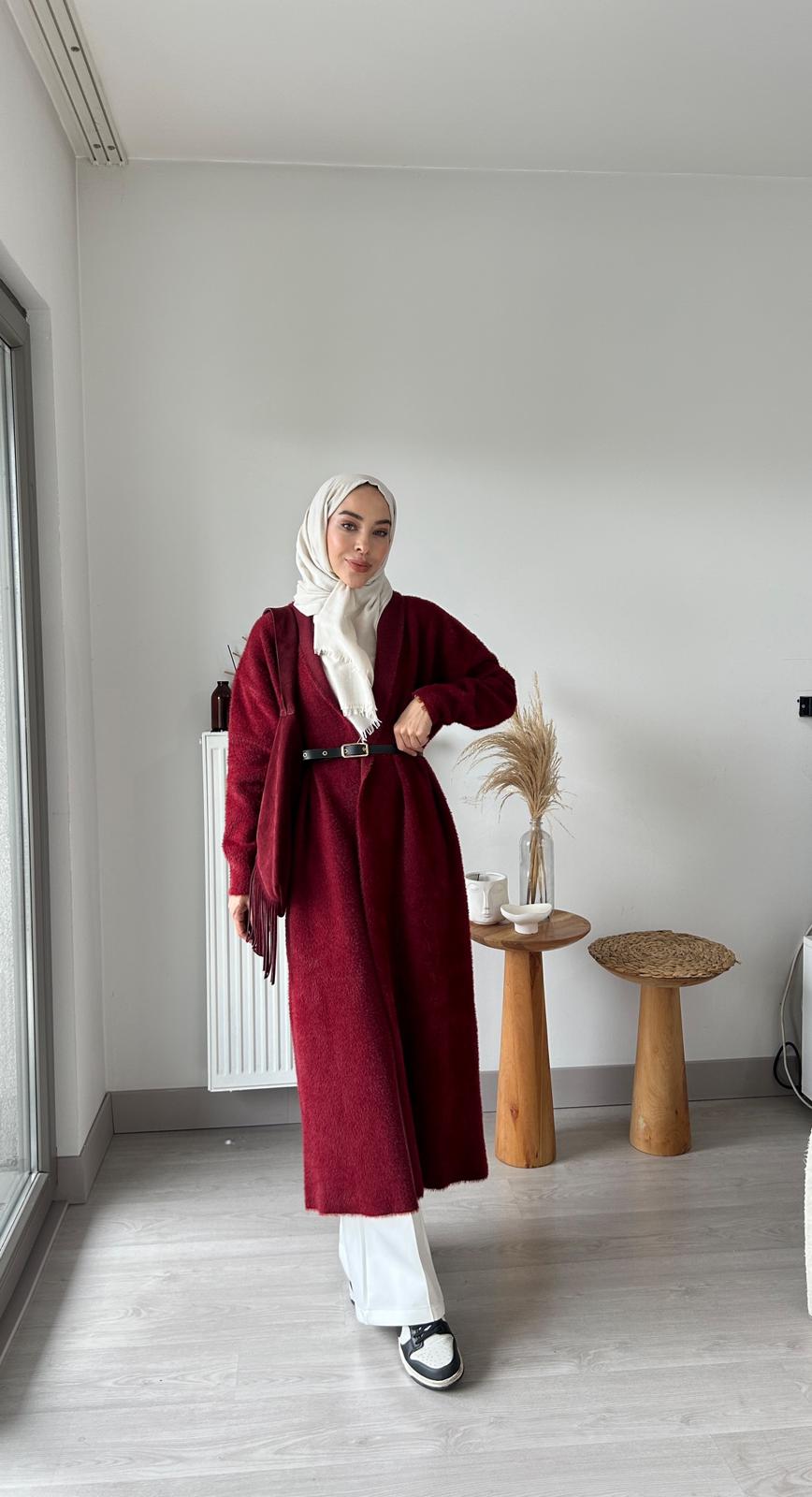 Angora kemerli hırka - Bordo