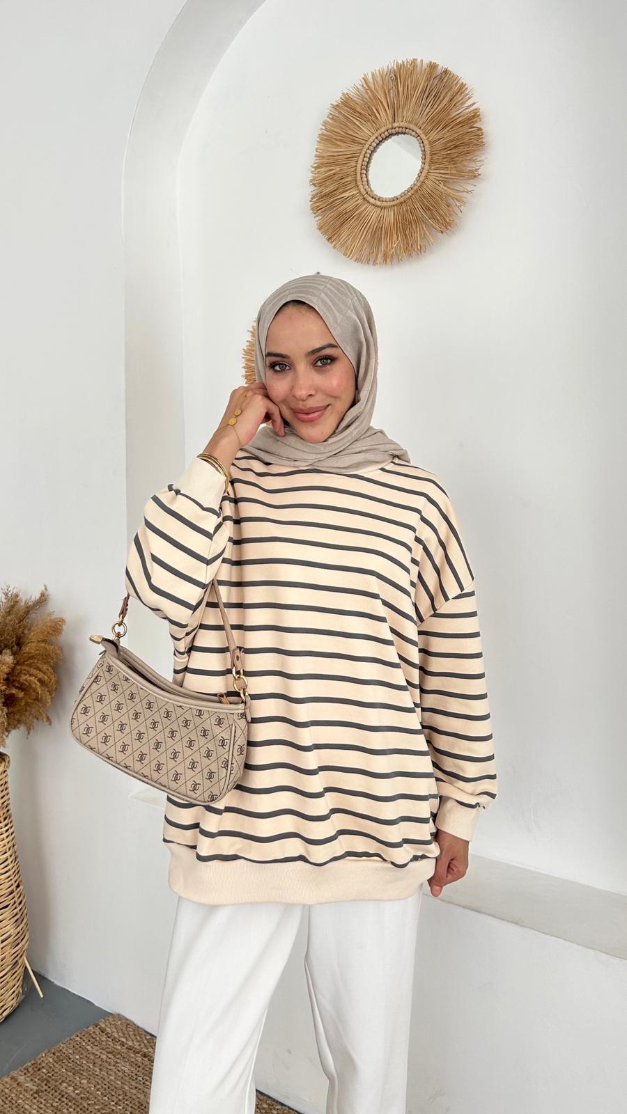 OVERSIZE ÇİZGİLİ SWEAT - Sütlü Kahverengi