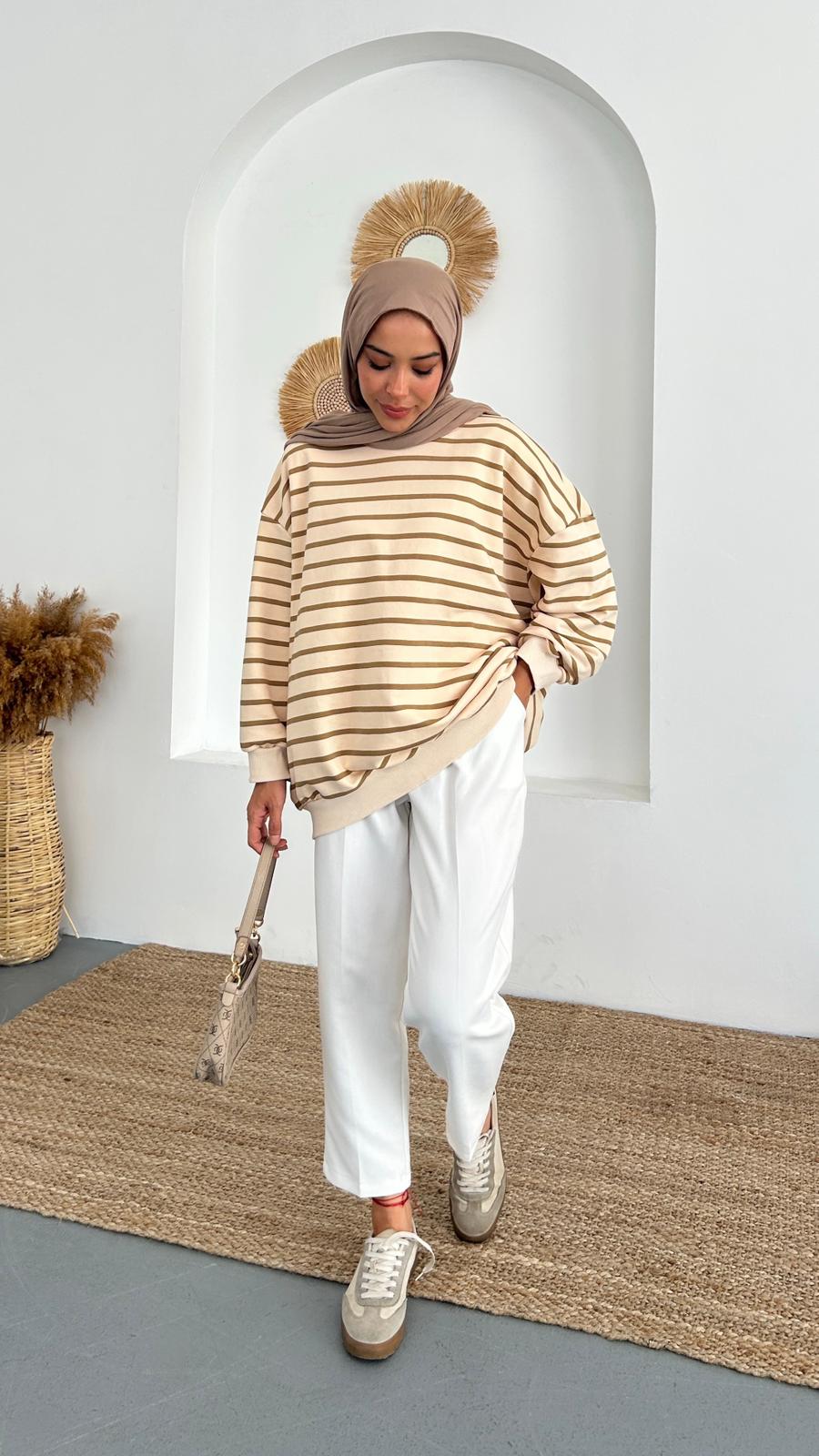 OVERSIZE ÇİZGİLİ SWEAT - Sütlü Kahverengi