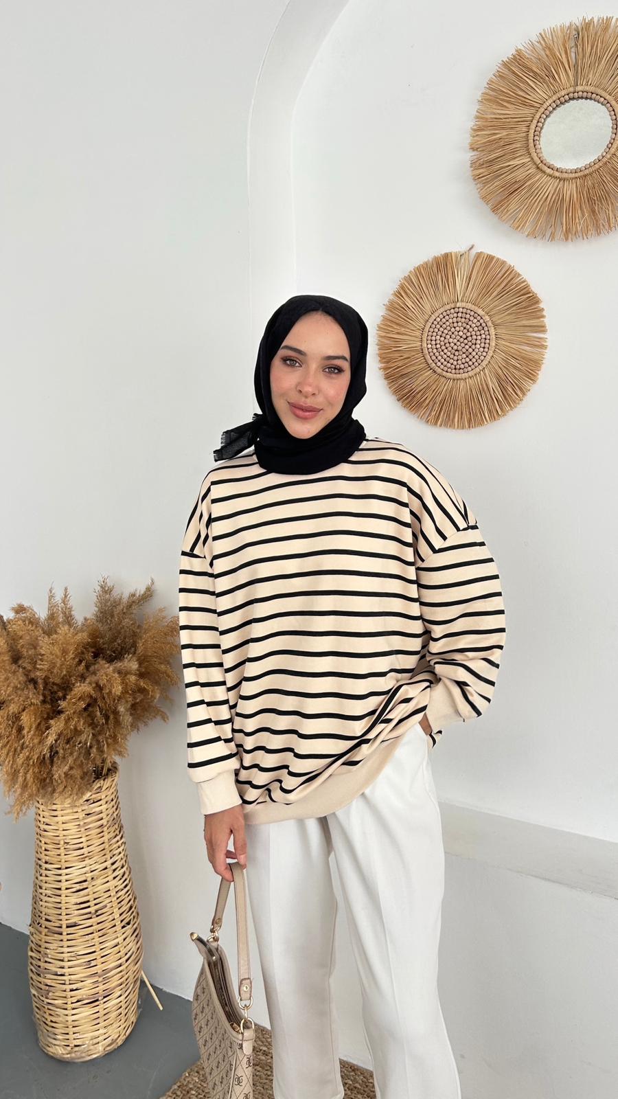 OVERSIZE ÇİZGİLİ SWEAT - Siyah