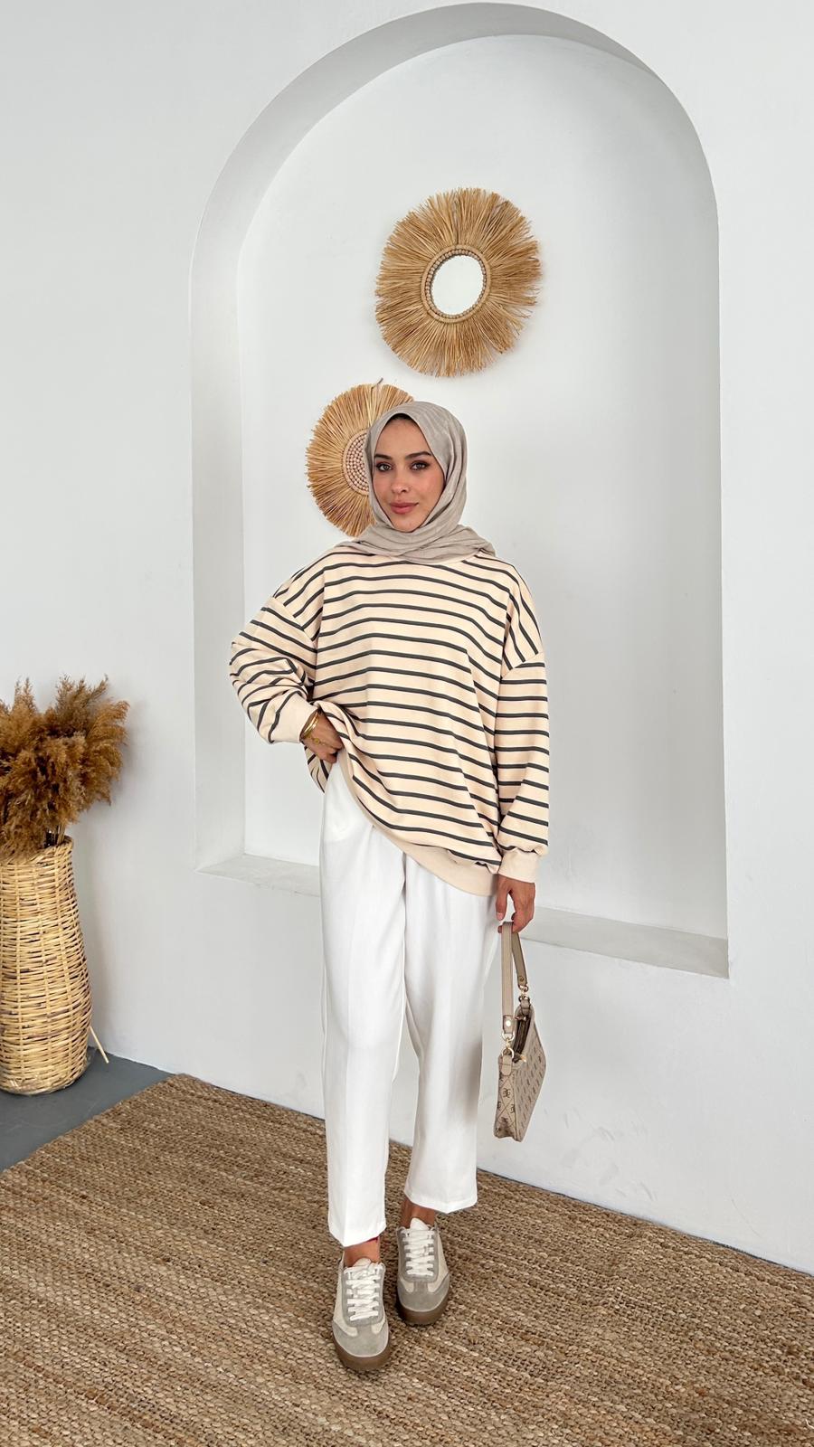 OVERSIZE ÇİZGİLİ SWEAT - Gri