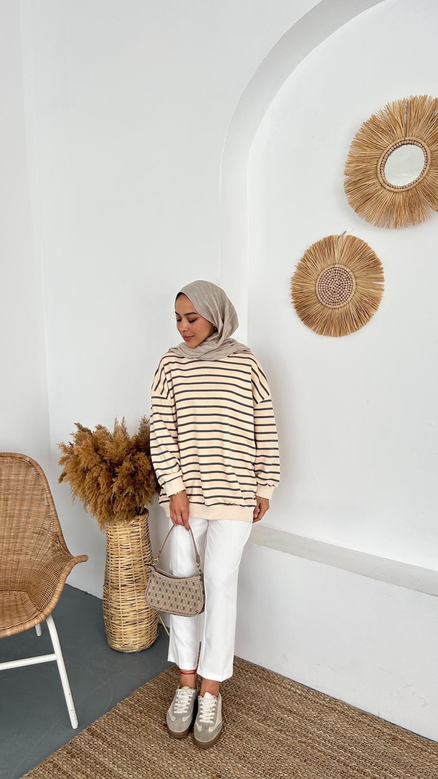 OVERSIZE ÇİZGİLİ SWEAT - Gri