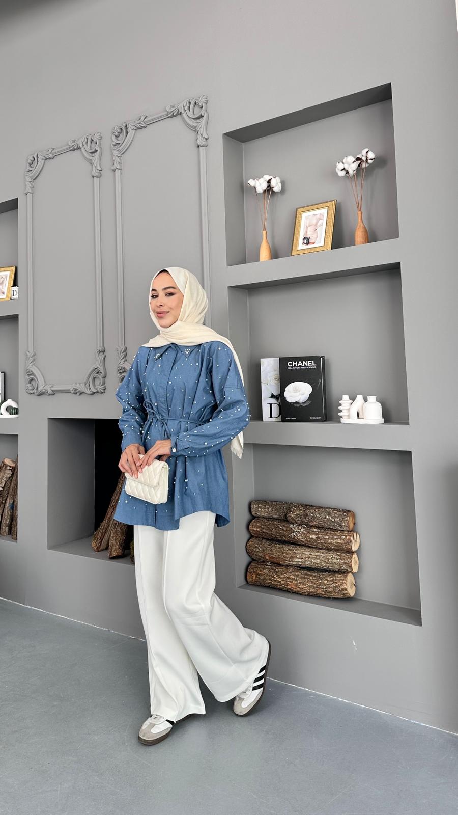 İNCİ DETAYLI TUNİK - Mavi