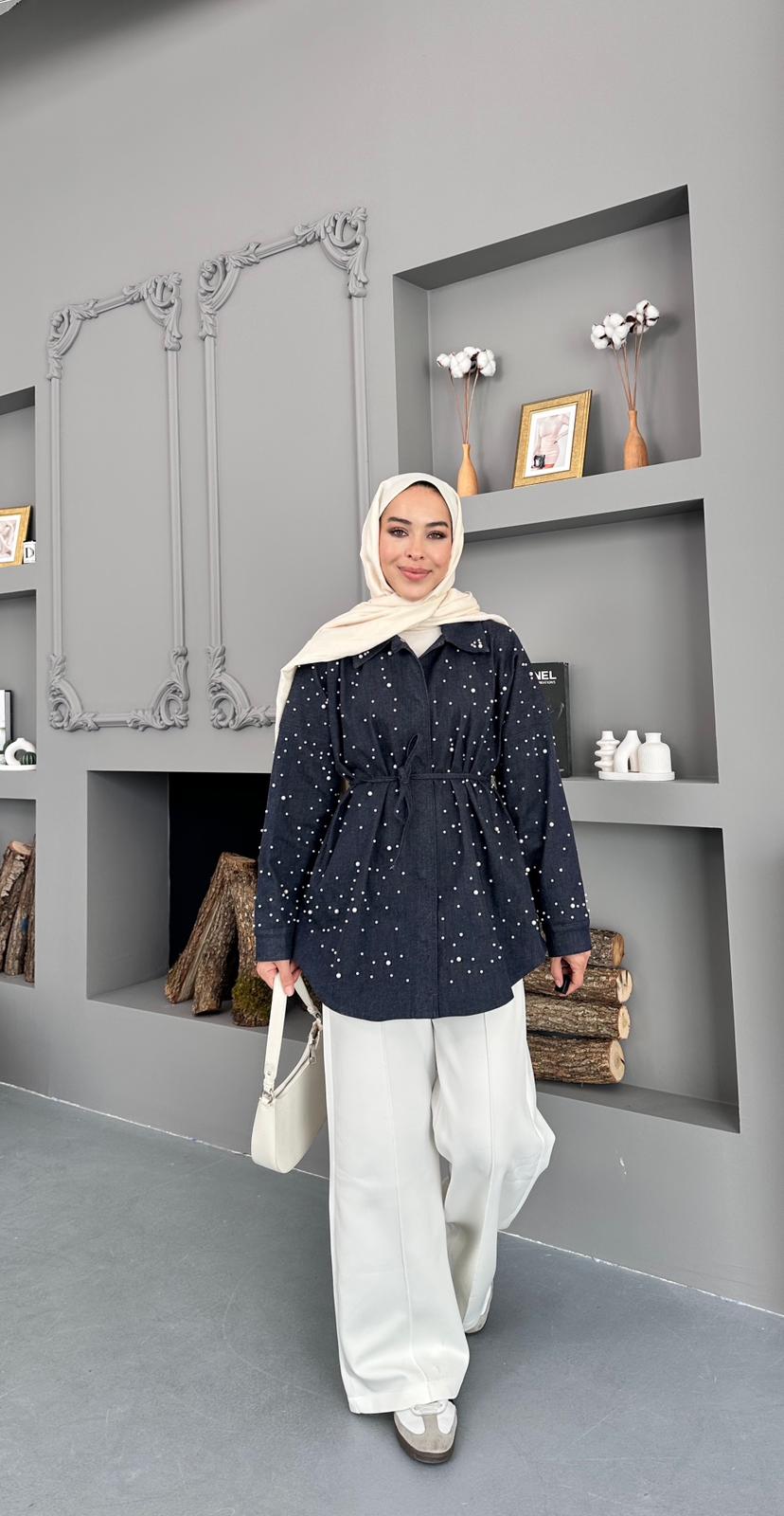 İNCİ DETAYLI TUNİK - Lacivert