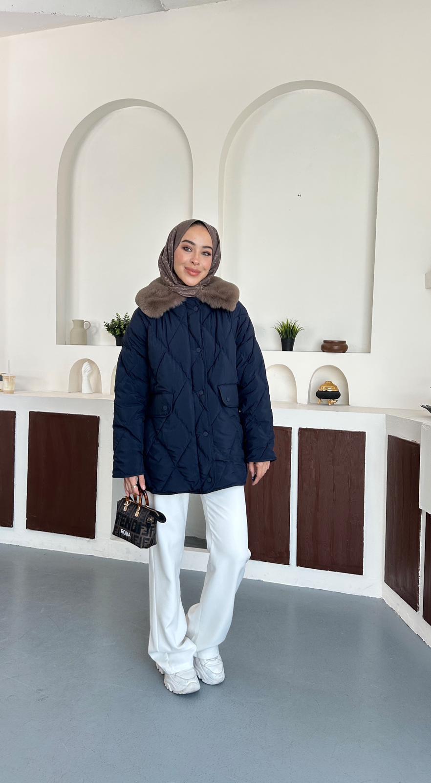 Kürk detaylı şişme kaban - Lacivert