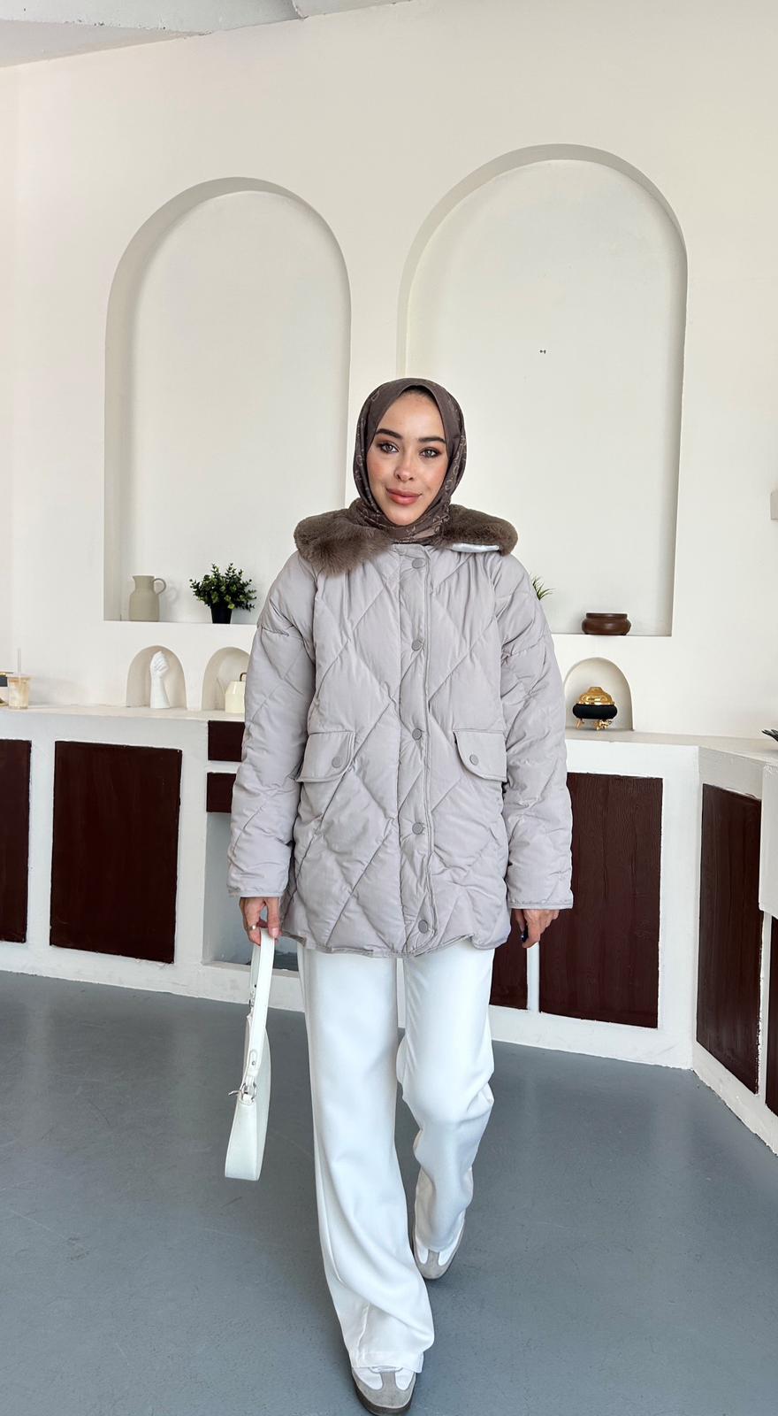 Kürk detaylı şişme kaban - Taş