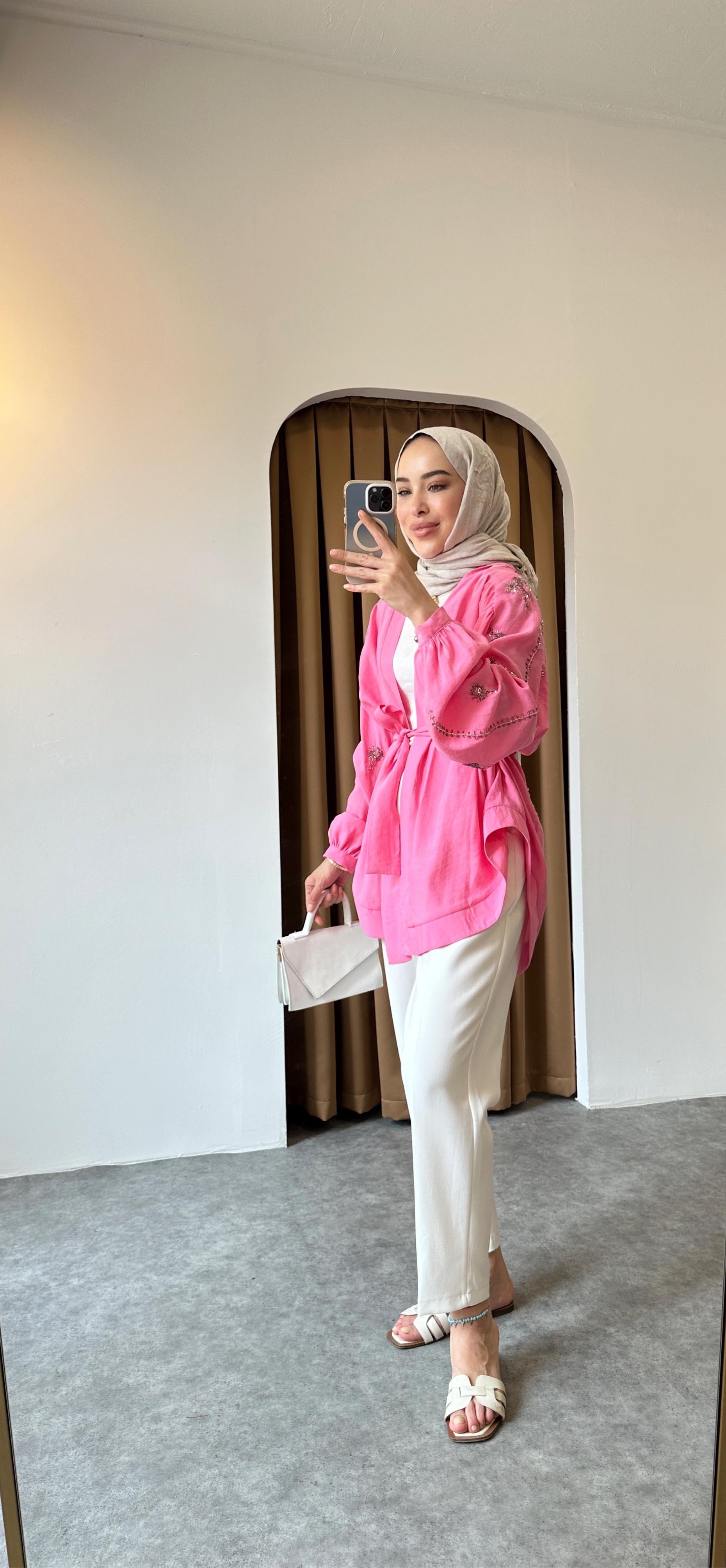 Taş detaylı kimono - Pembe
