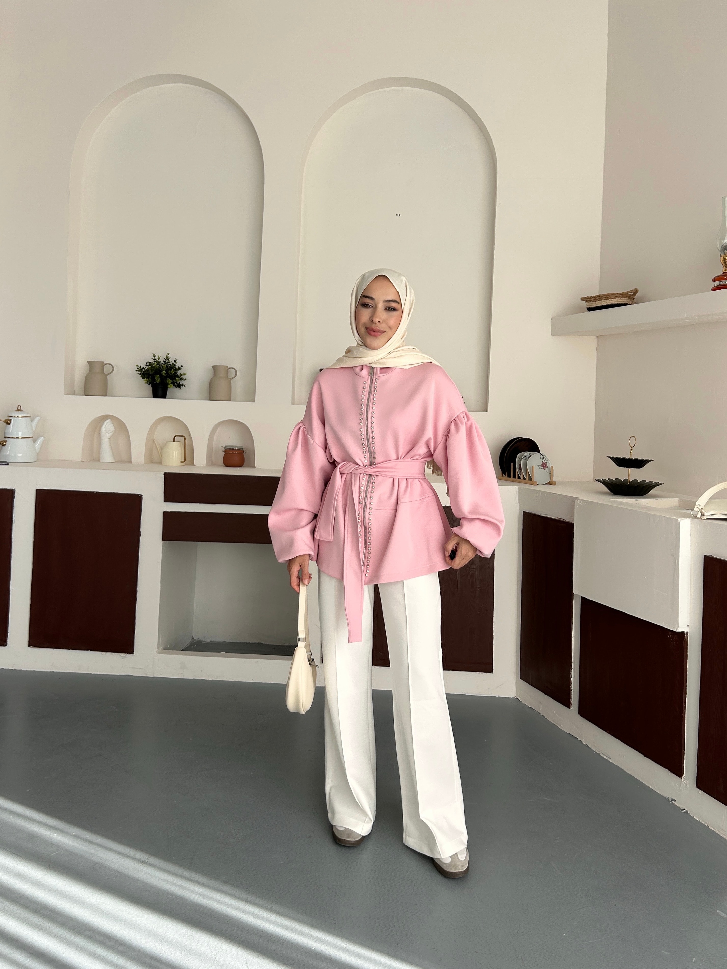 Taşlı Scuba Ceket - Pembe