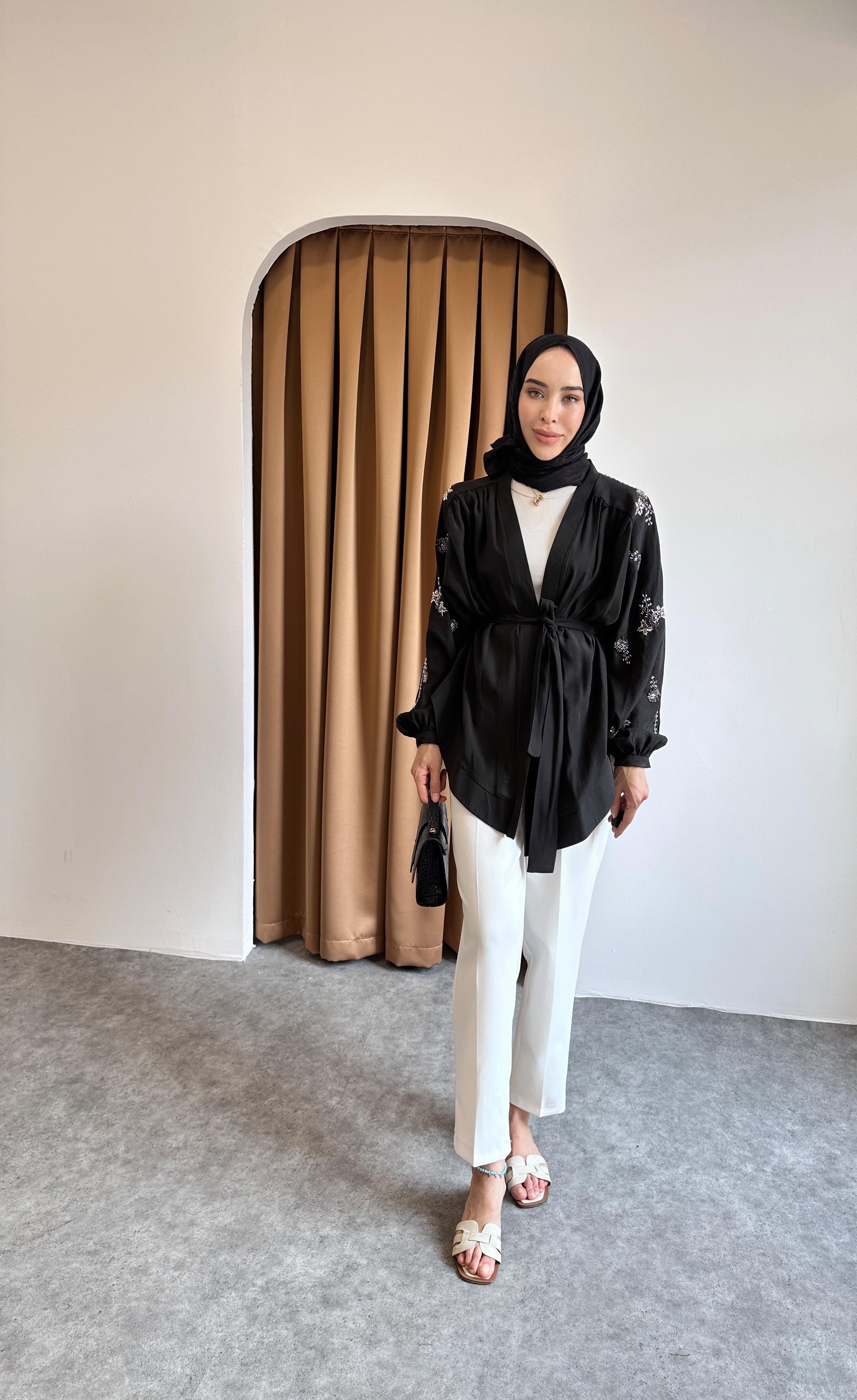 Taş detaylı kimono - Siyah