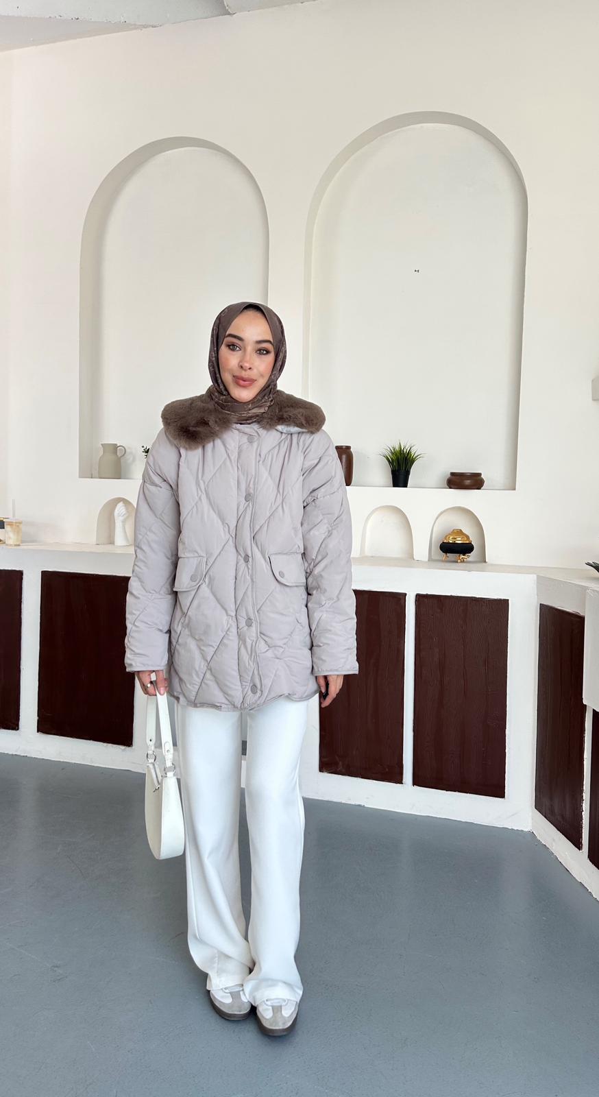 Kürk detaylı şişme kaban - Taş