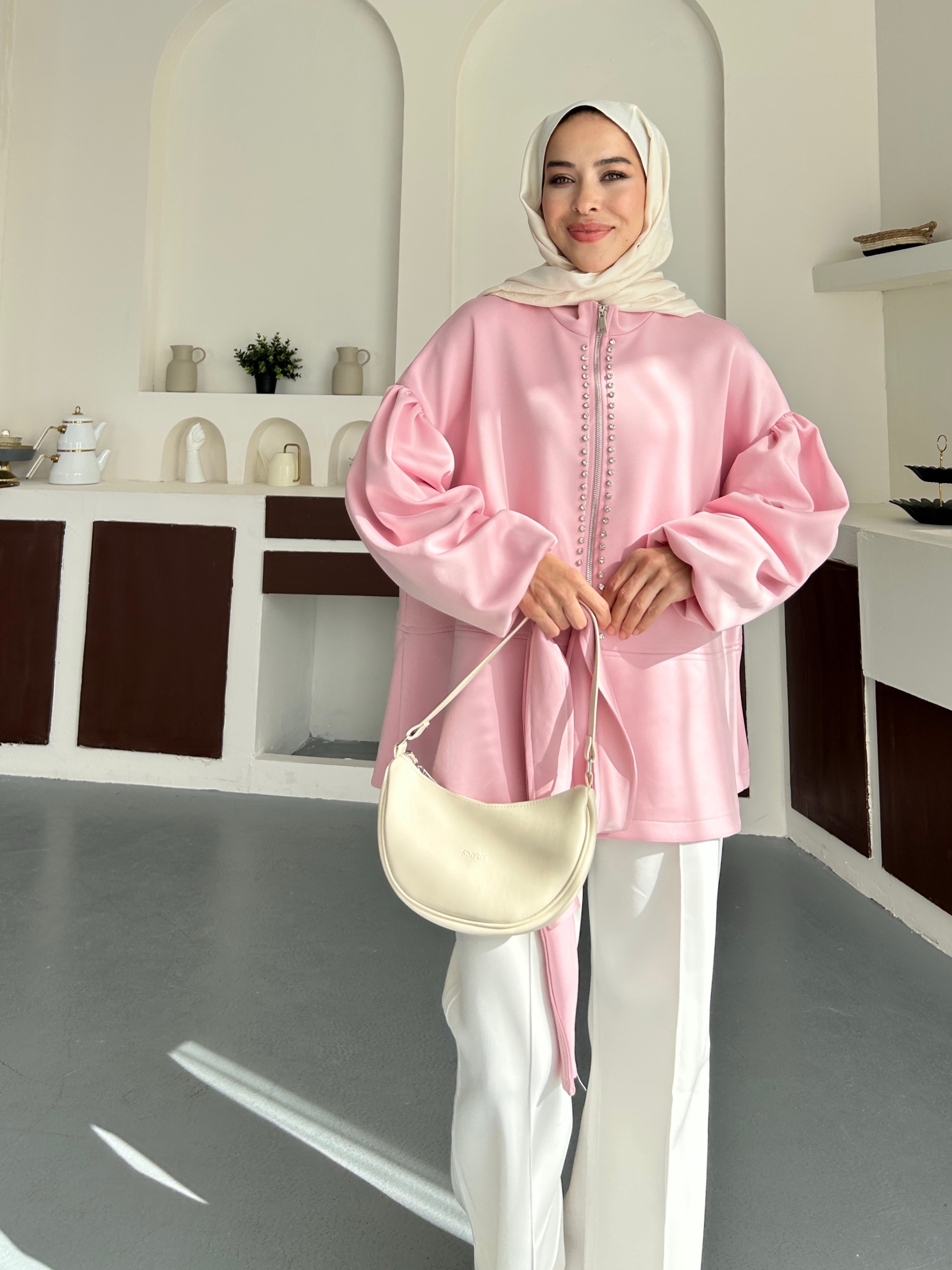 Taşlı Scuba Ceket - Pembe