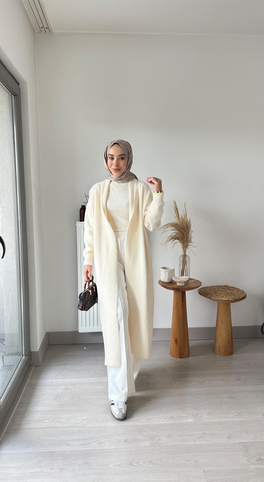 Angora kemerli hırka - Krem