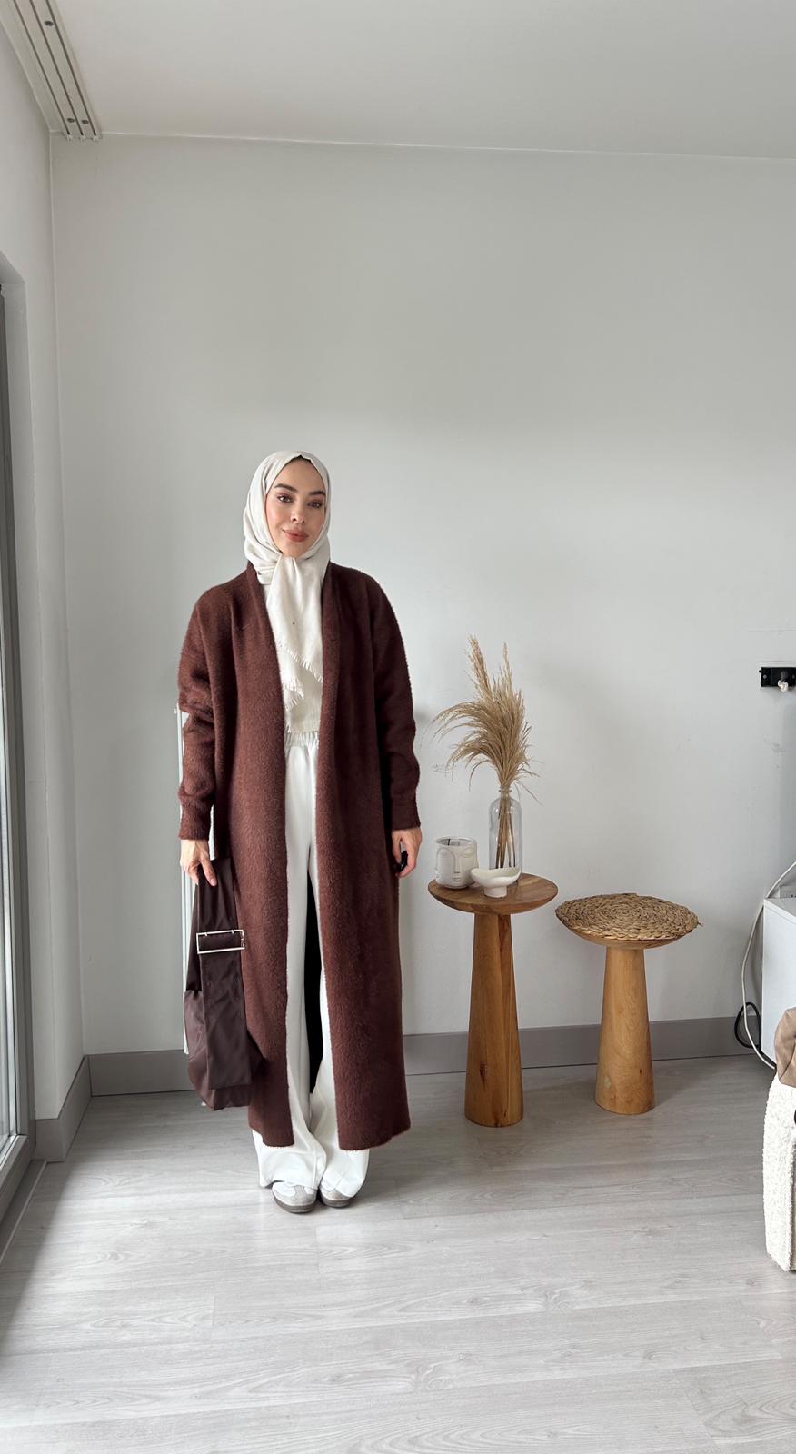 Angora kemerli hırka - Kahverengi