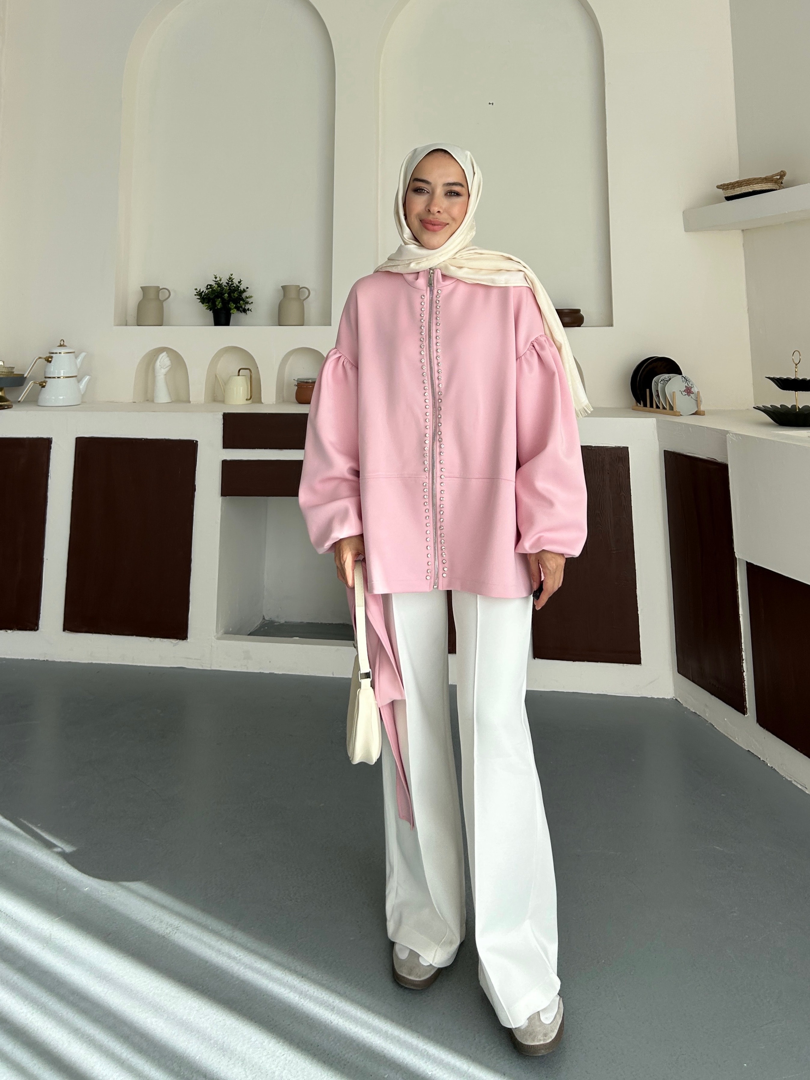 Taşlı Scuba Ceket - Pembe