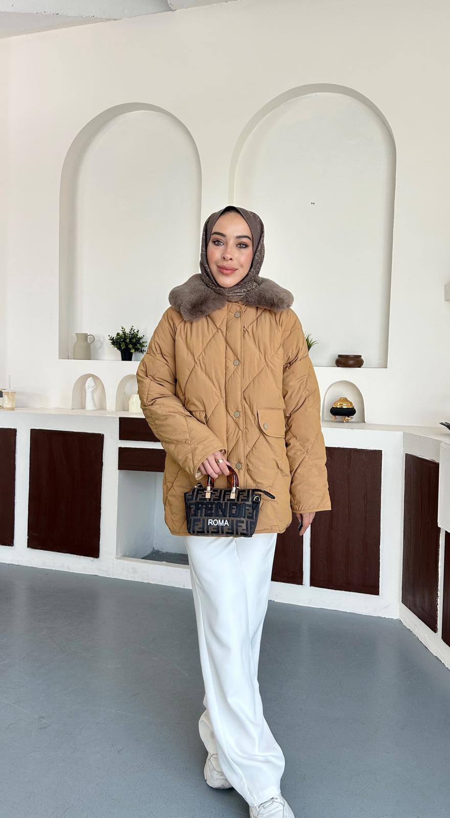 Kürk detaylı şişme kaban - Hardal