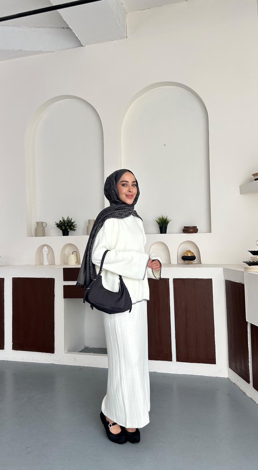 Şerit triko takım - Krem