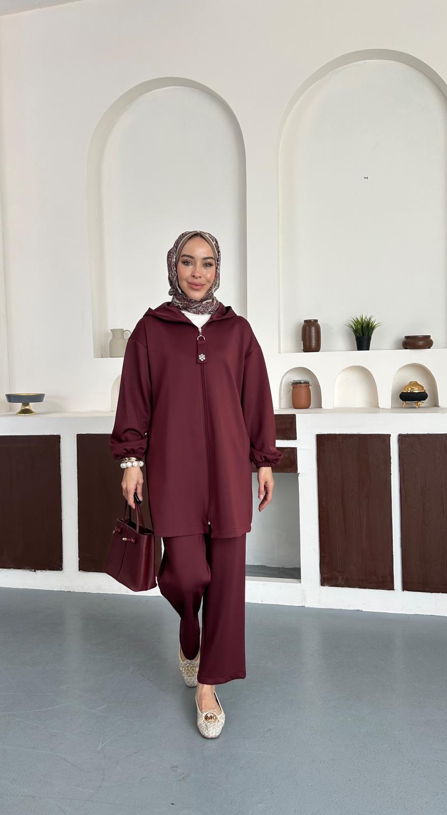 Scuba taş detaylı takım - Bordo