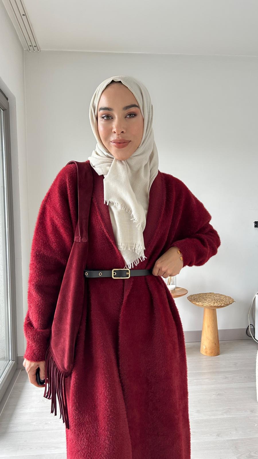 Angora kemerli hırka - Bordo