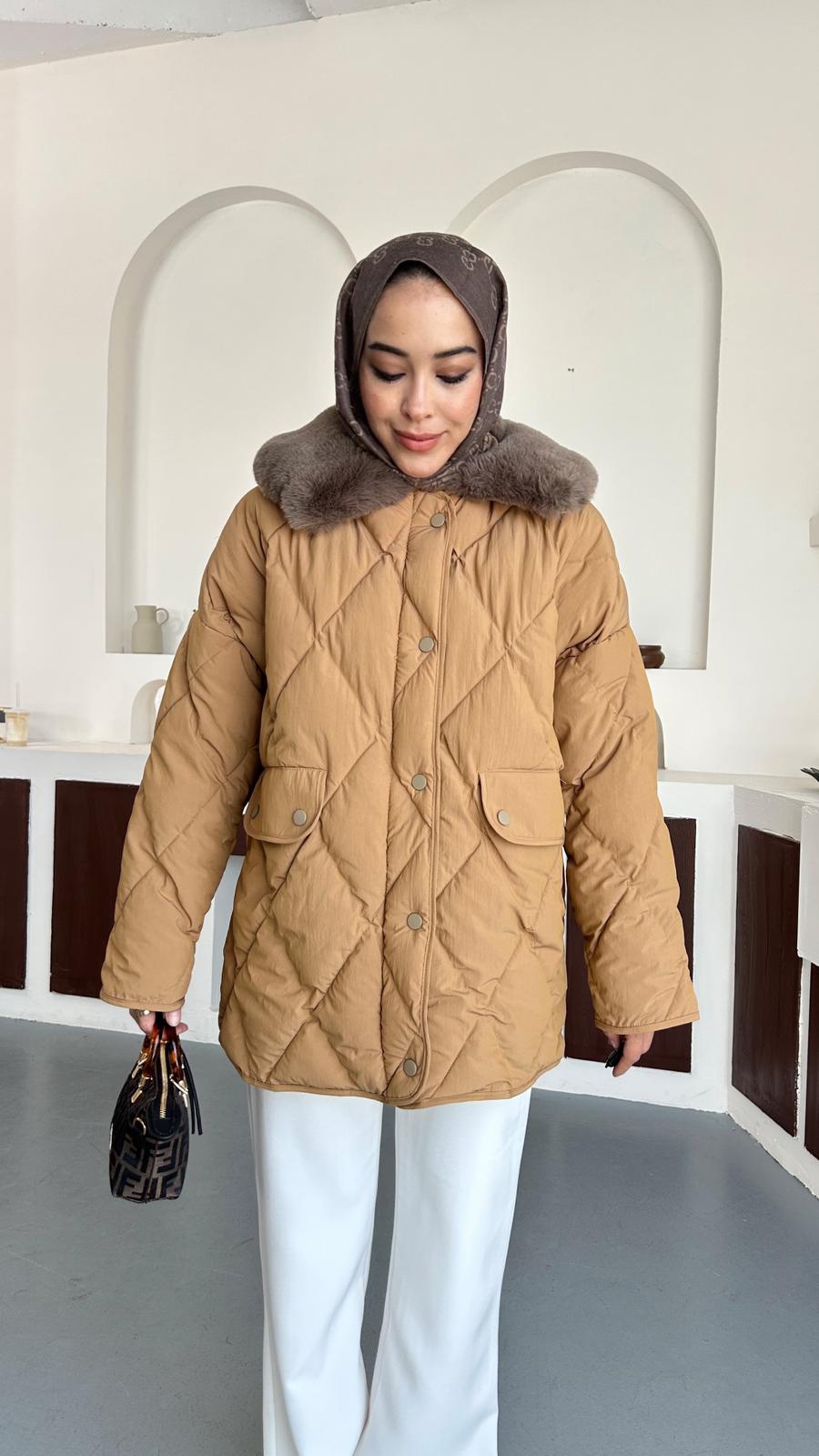 Kürk detaylı şişme kaban - Hardal