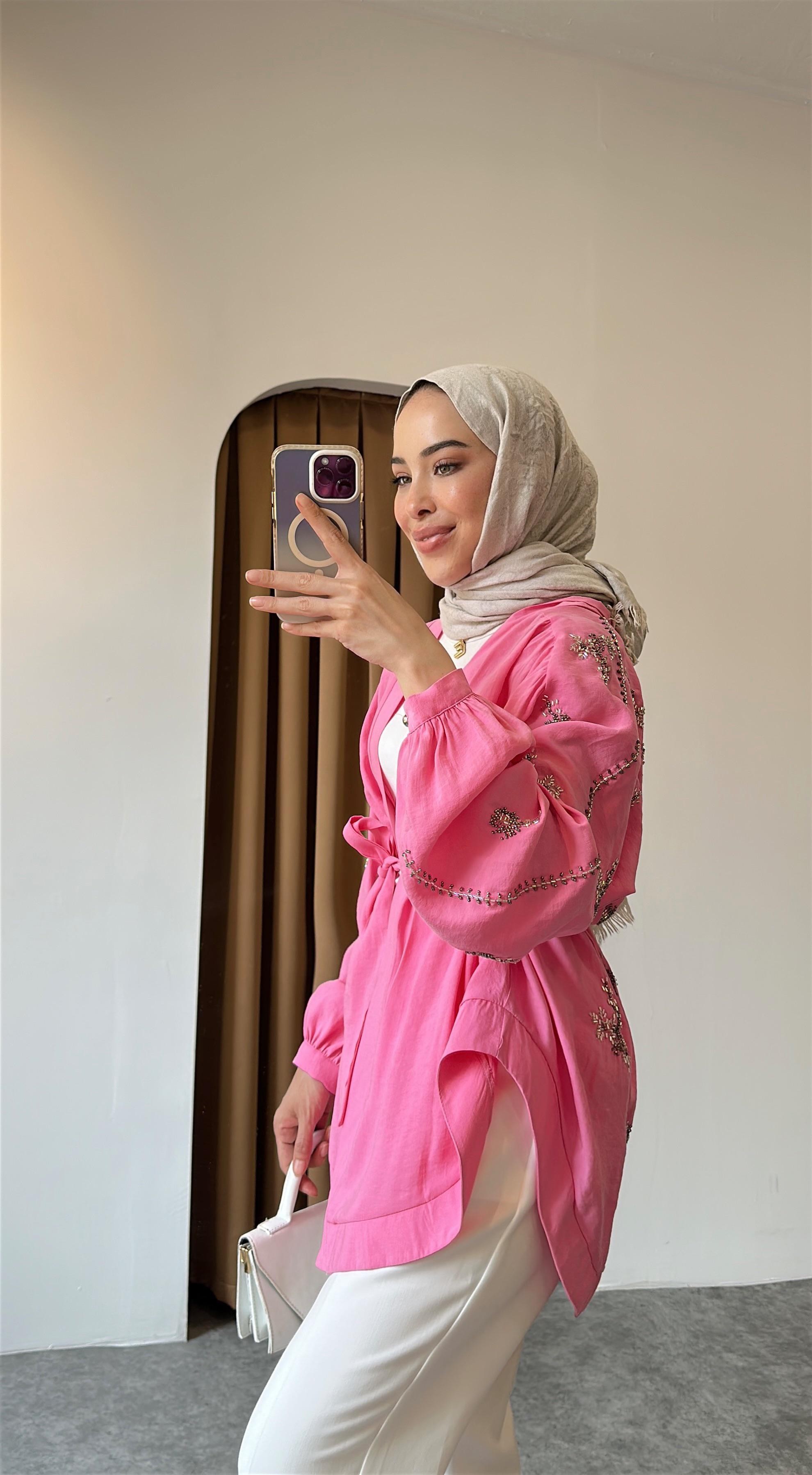 Taş detaylı kimono - Pembe