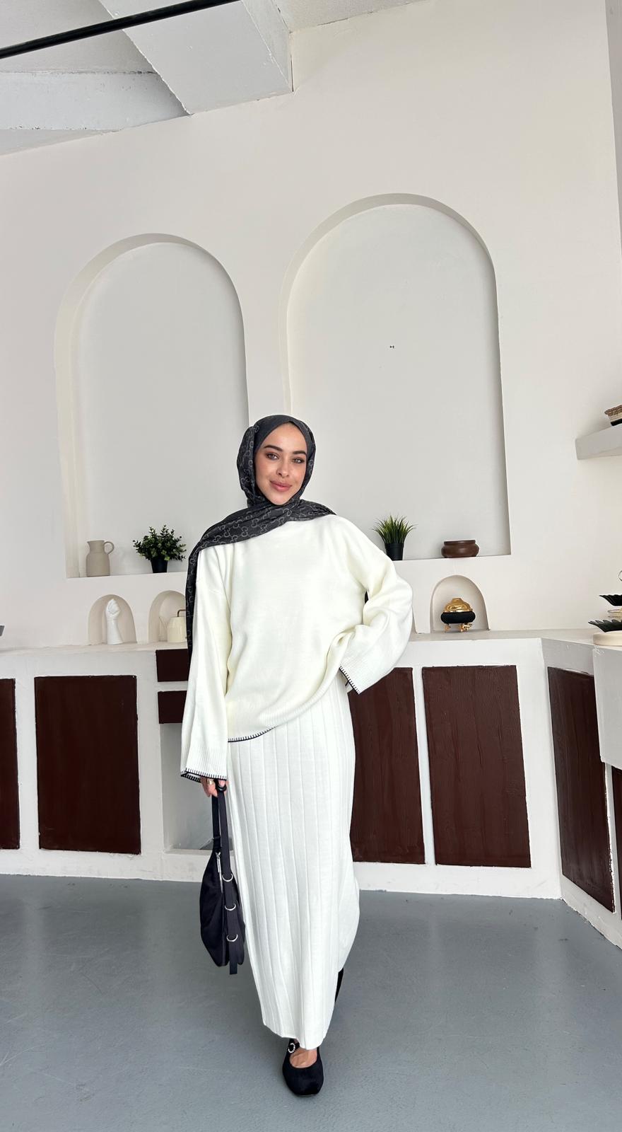 Şerit triko takım - Krem