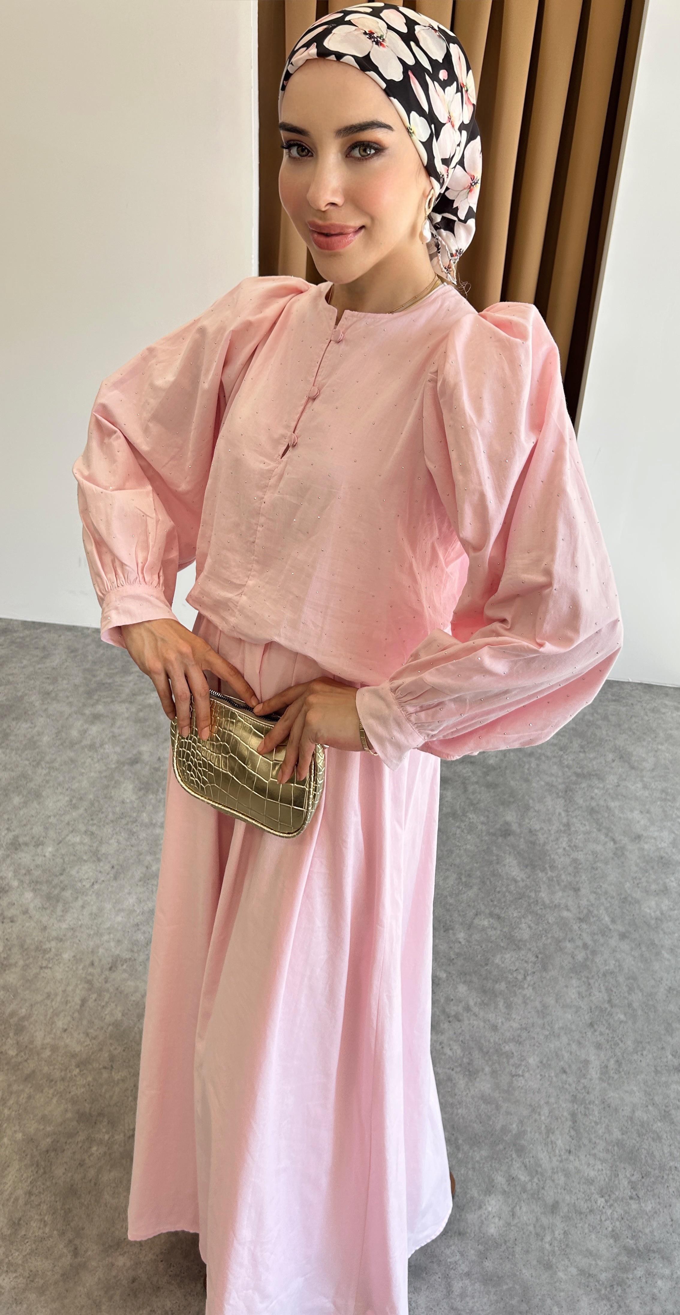 Taşlı pamuk elbise - Pembe
