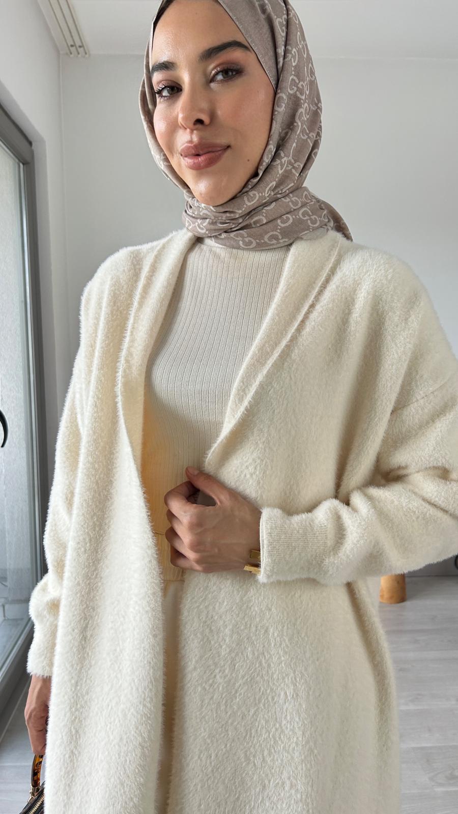 Angora kemerli hırka - Krem