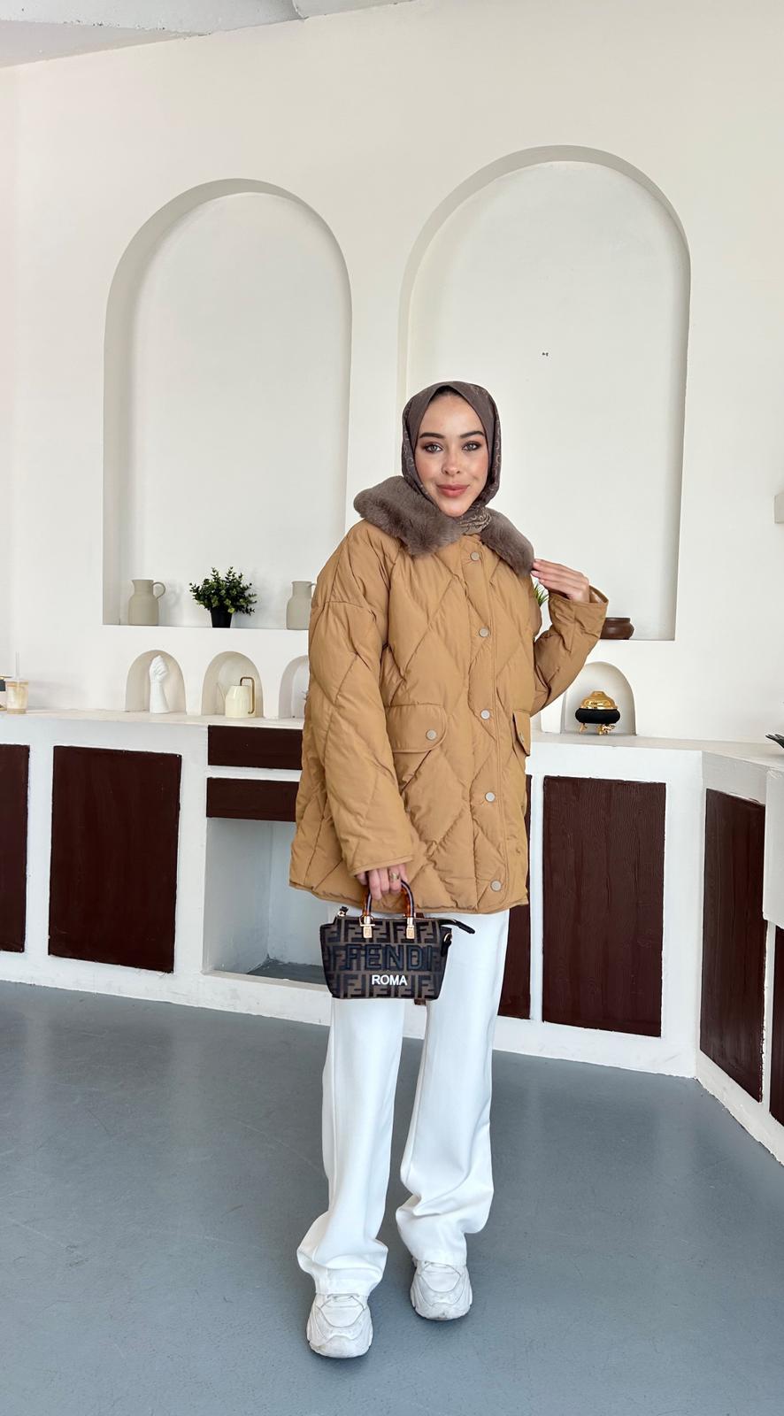 Kürk detaylı şişme kaban - Hardal