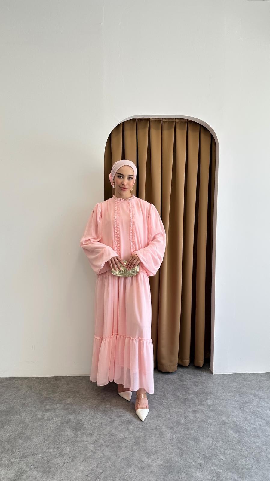 Şifon fırfırlı elbise - Pembe