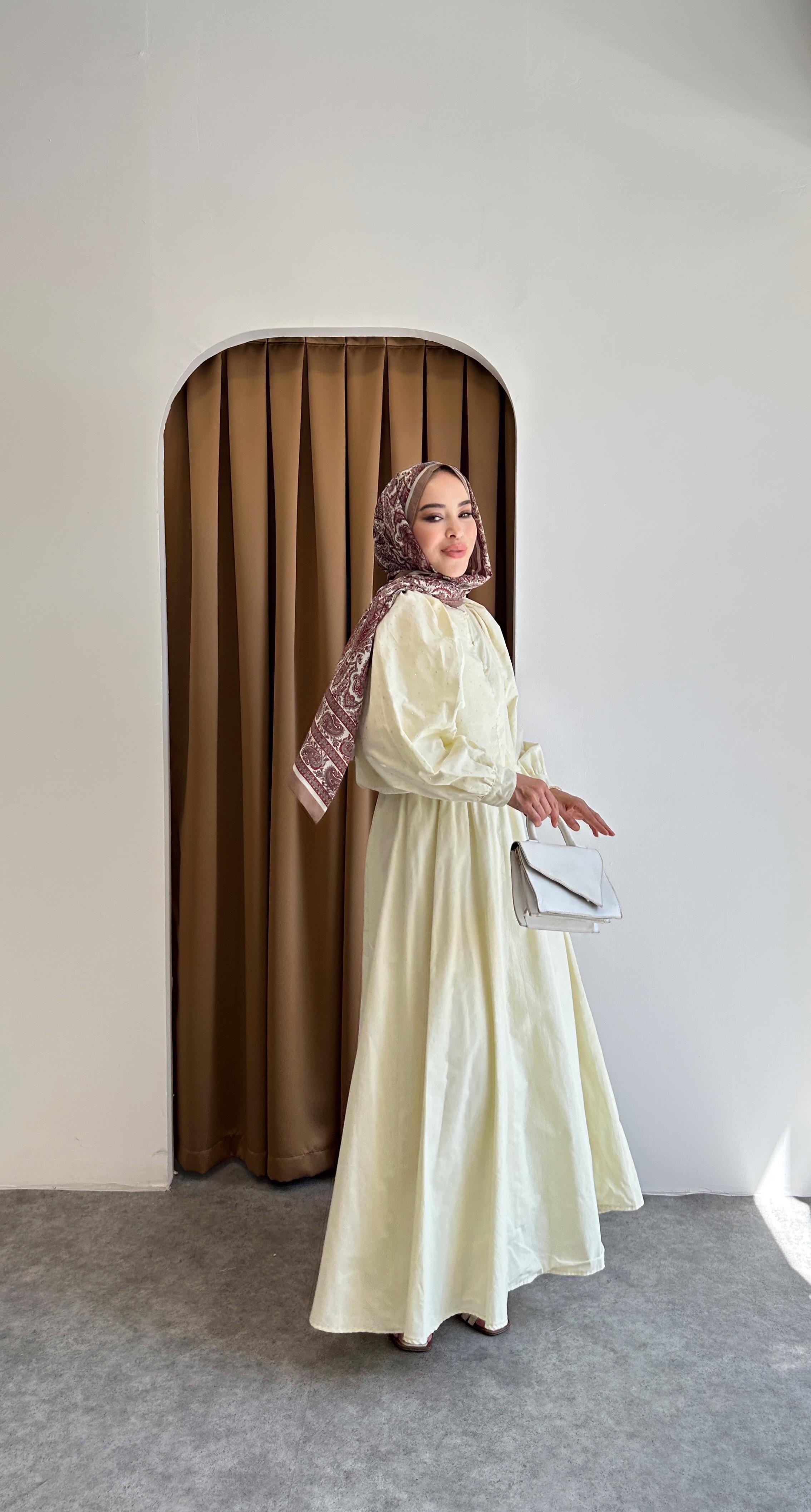Taşlı pamuk elbise - Sarı