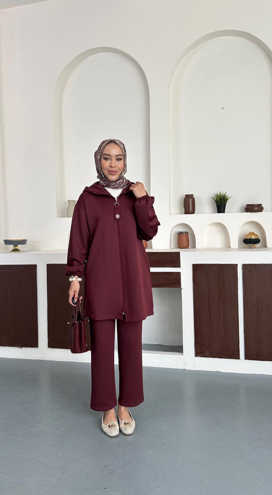 Scuba taş detaylı takım - Bordo