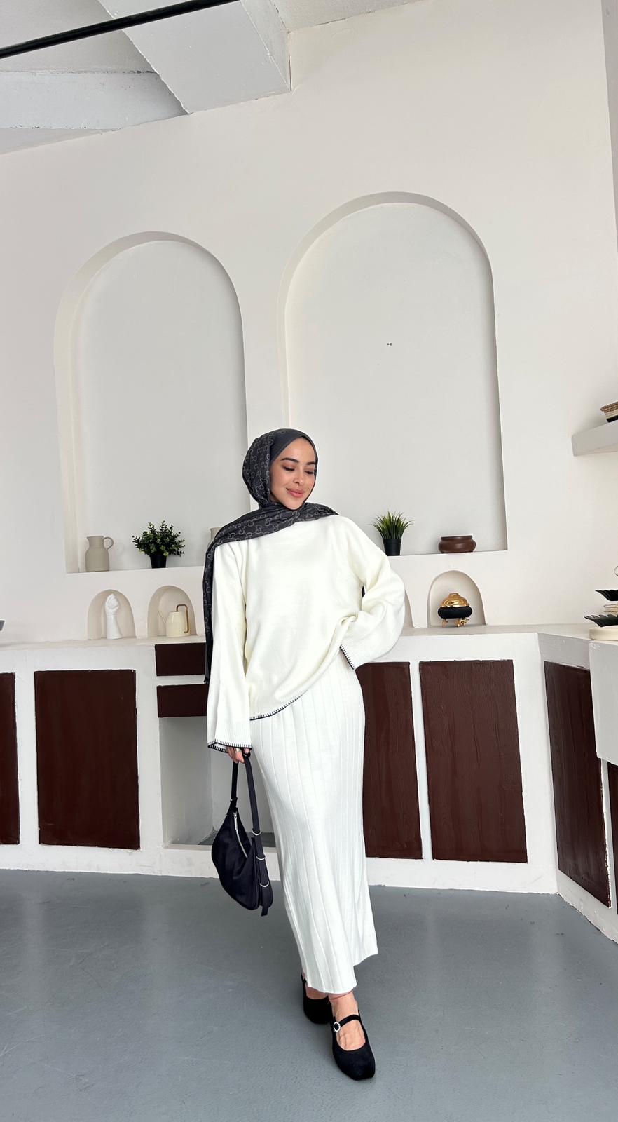 Şerit triko takım - Krem