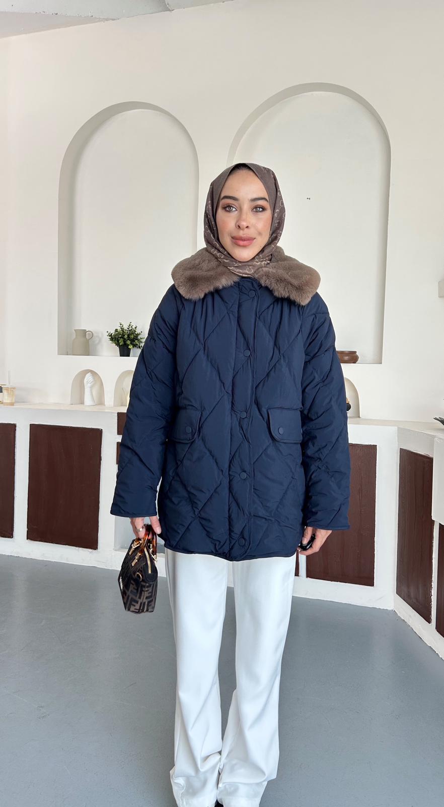 Kürk detaylı şişme kaban - Lacivert