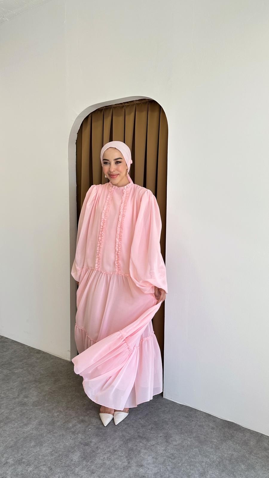 Şifon fırfırlı elbise - Pembe