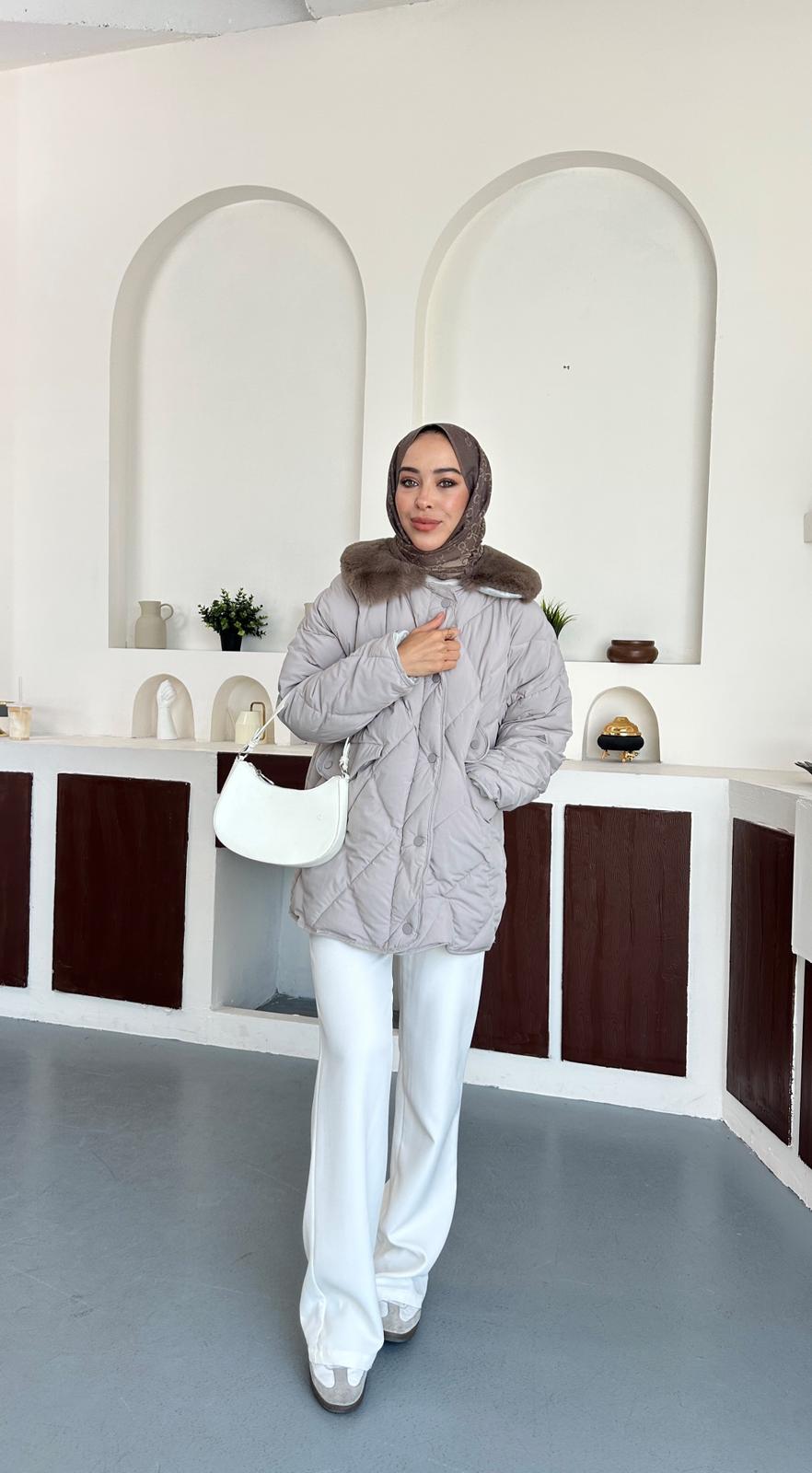 Kürk detaylı şişme kaban - Taş