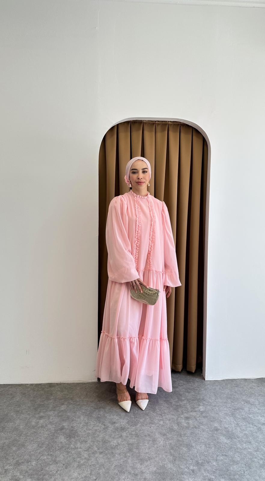 Şifon fırfırlı elbise - Pembe