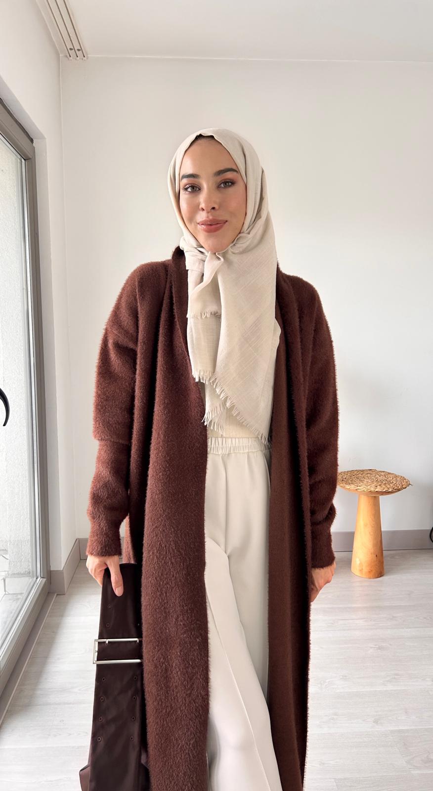 Angora kemerli hırka - Kahverengi